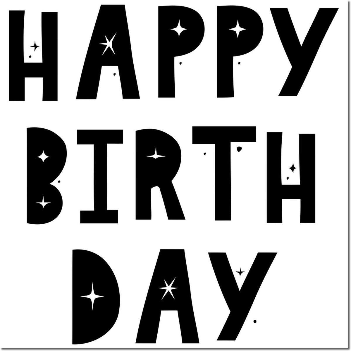 Happy Birthday rubber stamp design with bold black letters and sparkles for cards, gifts, and handmade birthday projects.
