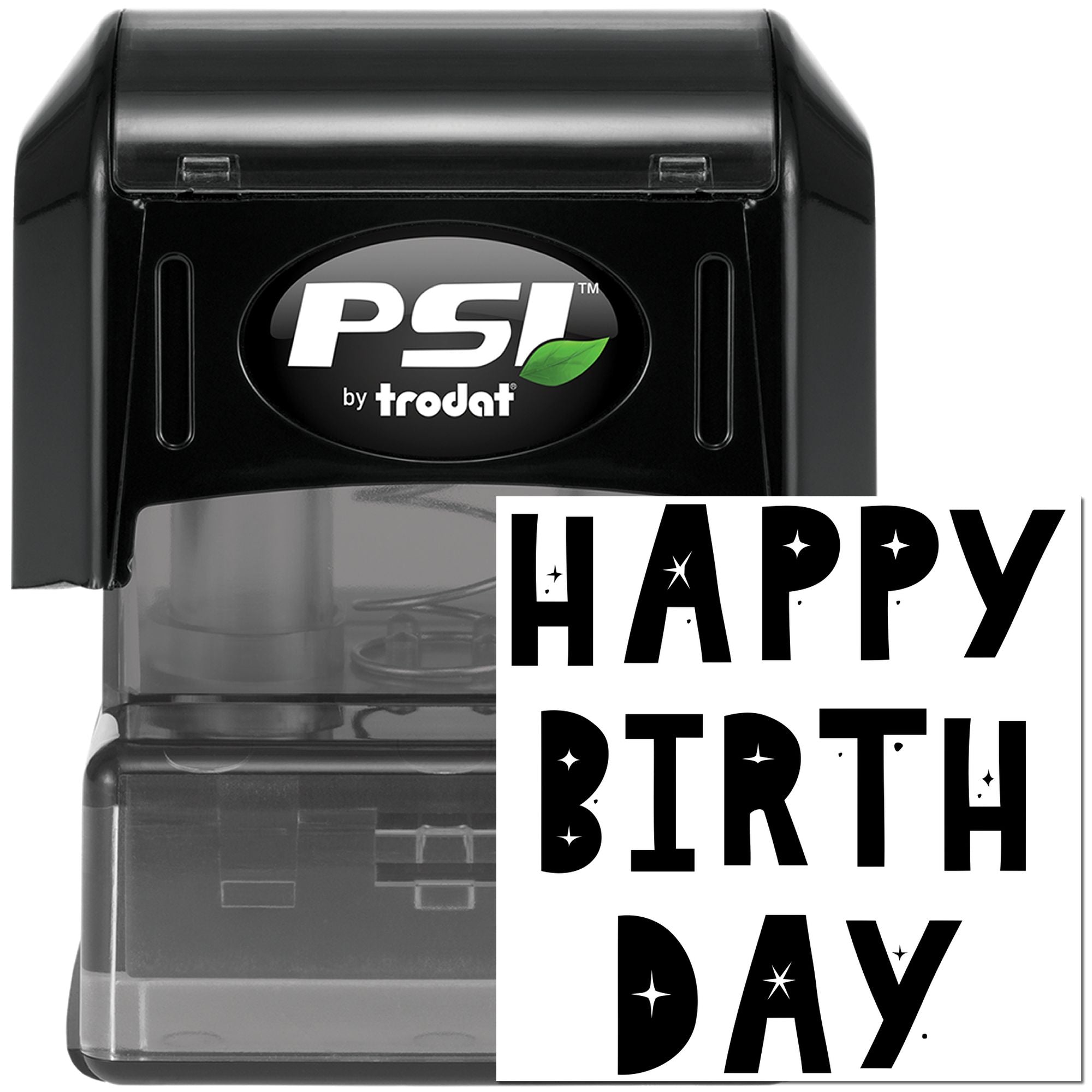 PSI by Trodat self-inking rubber stamp with custom Happy Birthday text for personalized celebrations and party cards