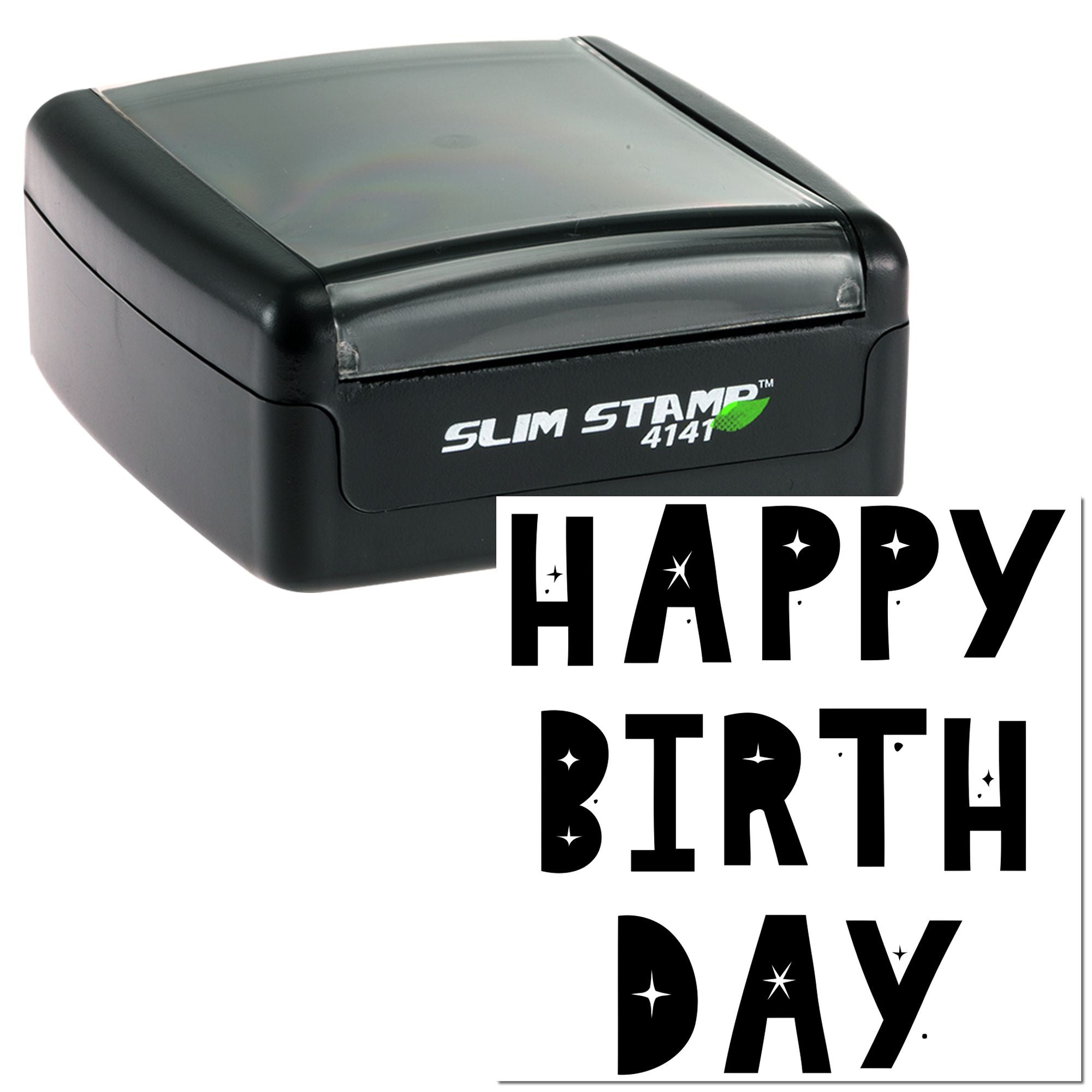 Self-inking rubber stamp with Happy Birthday design, ideal for birthday cards, invitations, and party packaging.