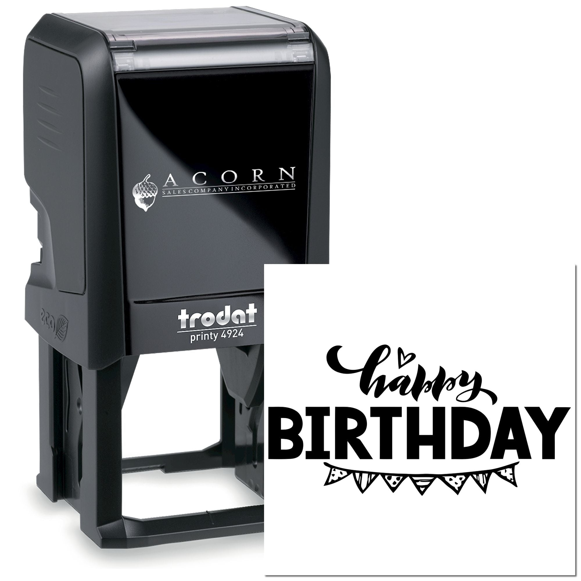 Custom self-inking rubber stamp with happy birthday imprint, ideal for personalized event, craft, and business stamping.