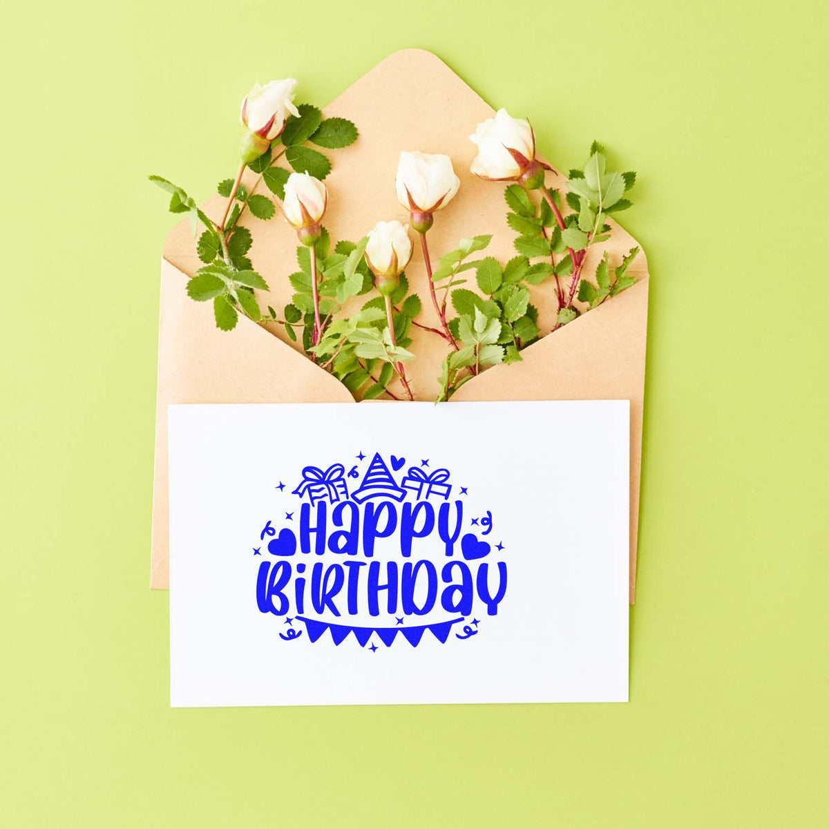 Birthday Gifts Hat Bunting rubber stamp shown in brown ink, stamped for projects such as toy library album page.