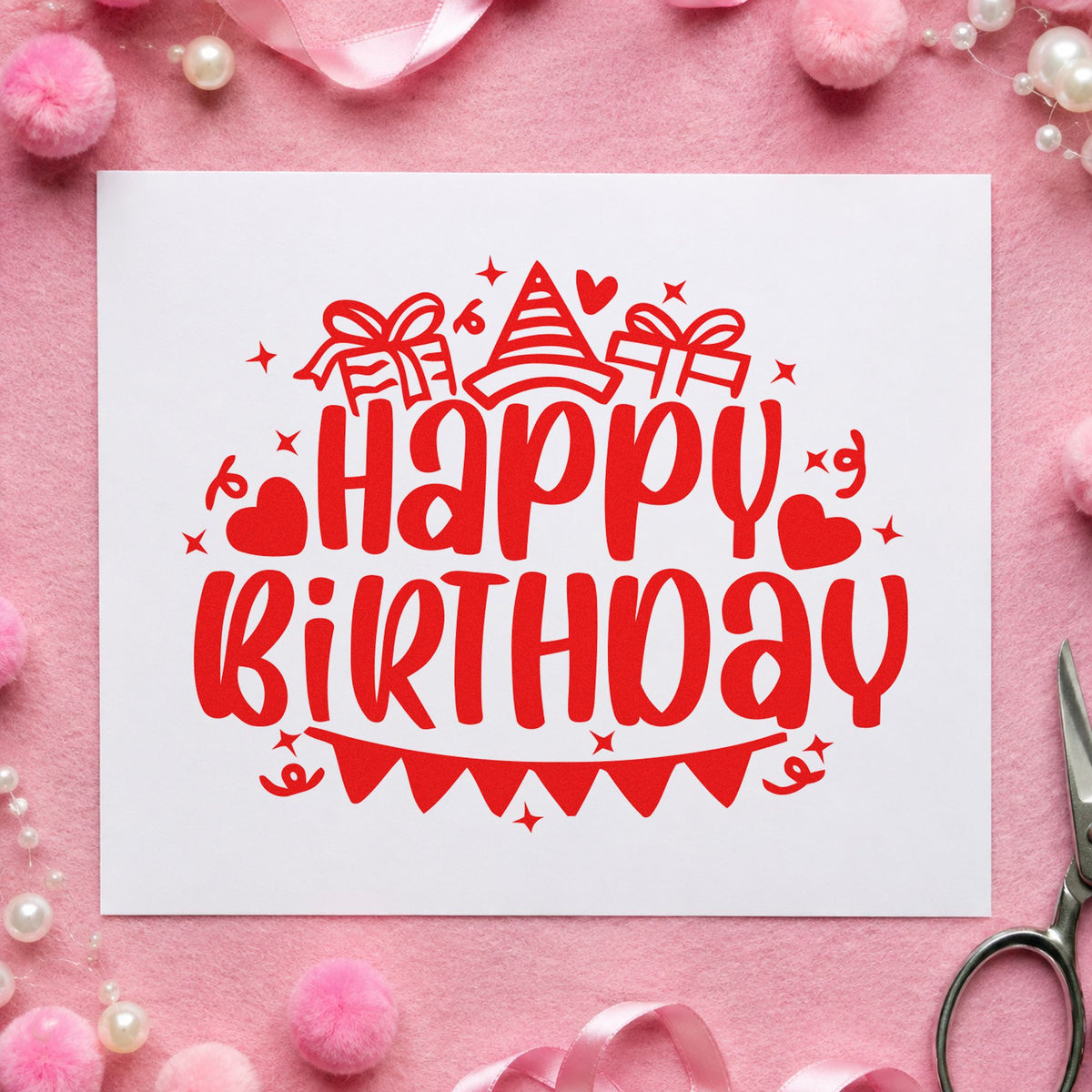 Birthday Gifts Hat Bunting craft stamp imprint in red ink on a handmade project, one idea being play idea cards.