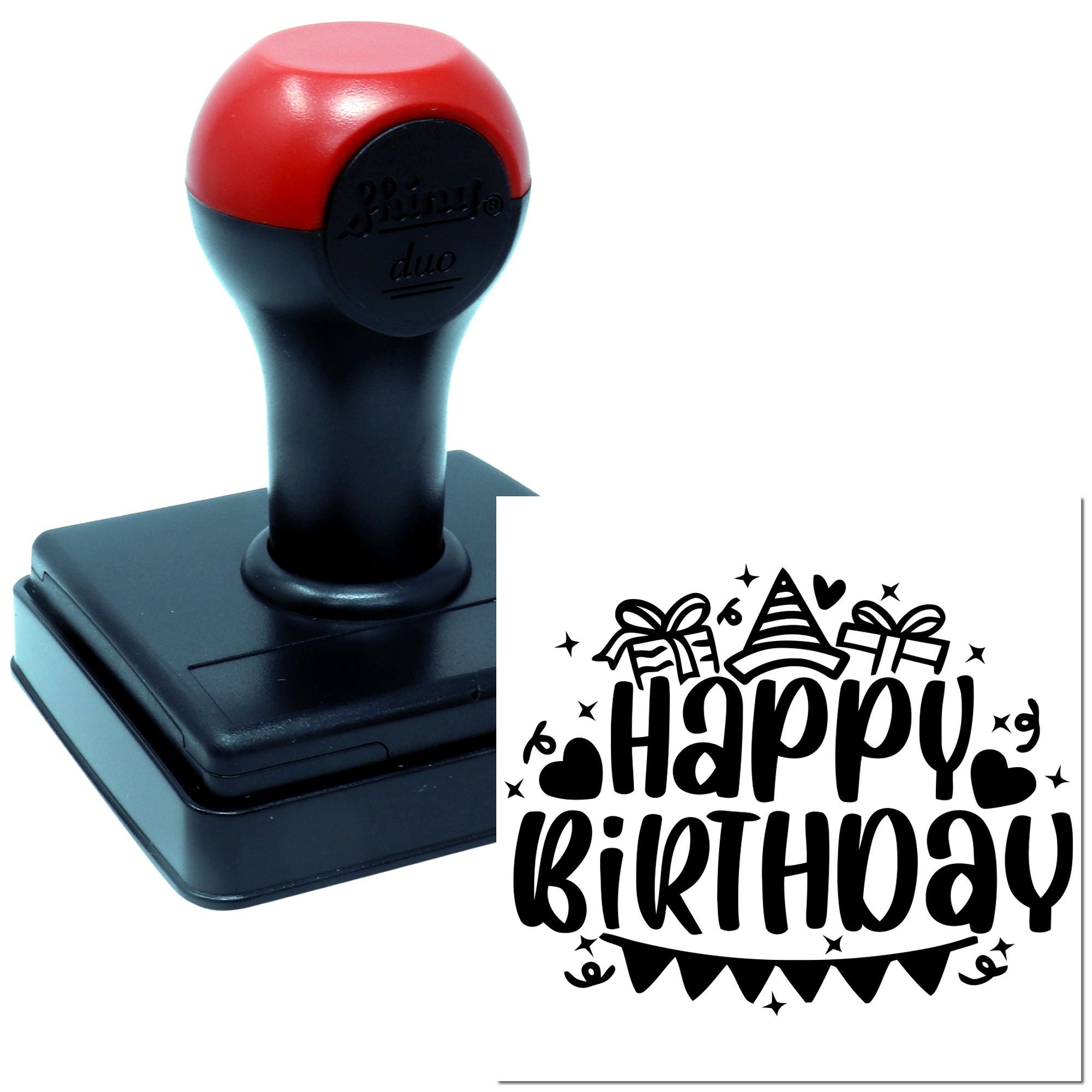 Happy Birthday self-inking rubber stamp for greeting cards, party favors, scrapbooking, and birthday crafts.