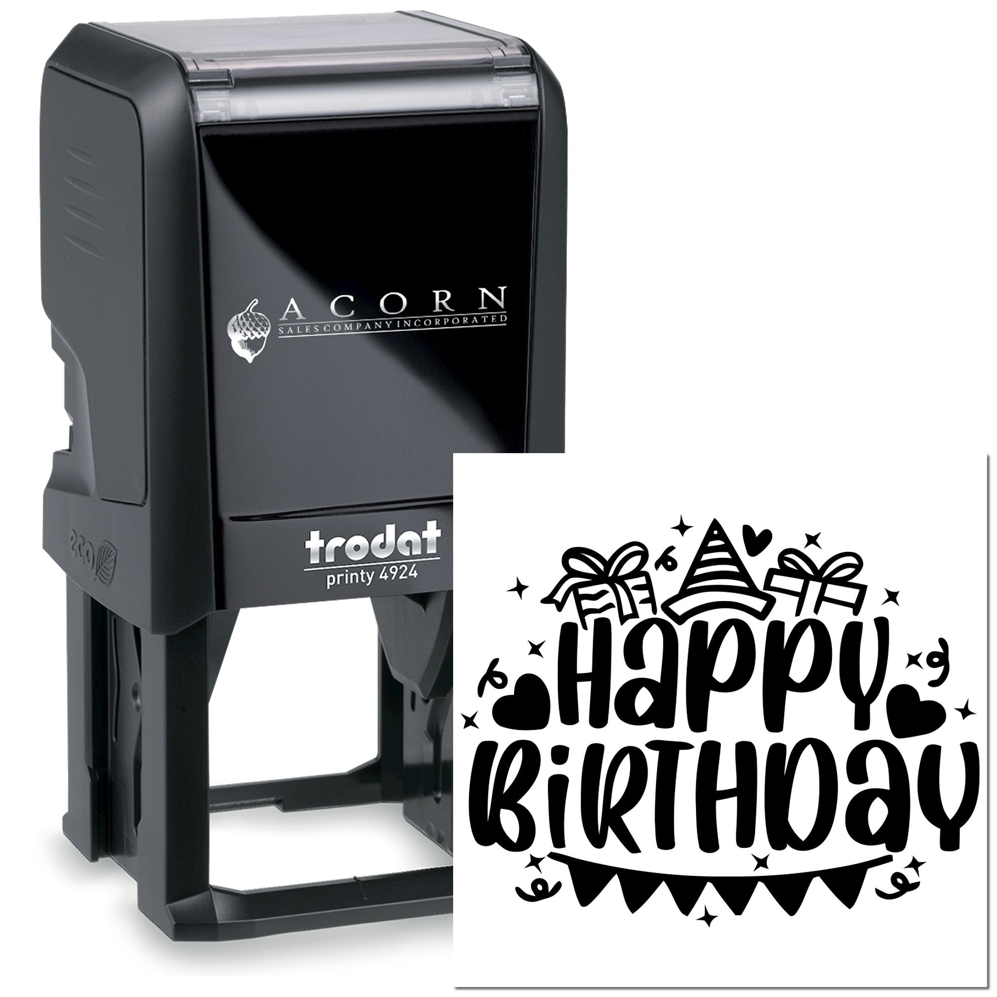Custom Happy Birthday self-inking rubber stamp with Trodat Printy 4924, ideal for birthday cards and party favors.