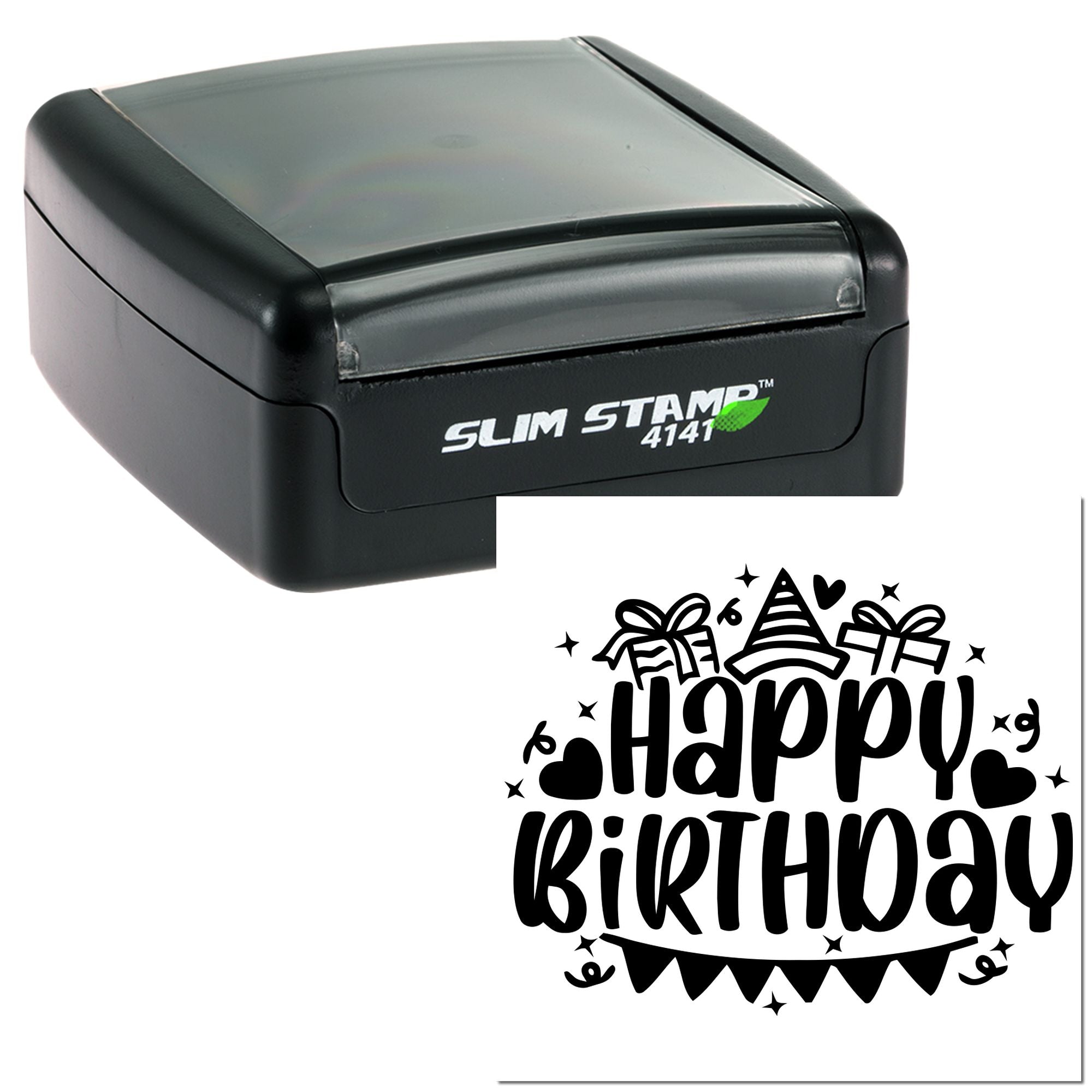 Slim Stamp 4141 self-inking rubber stamp with Happy Birthday design for custom birthday cards, gifts, and packaging.