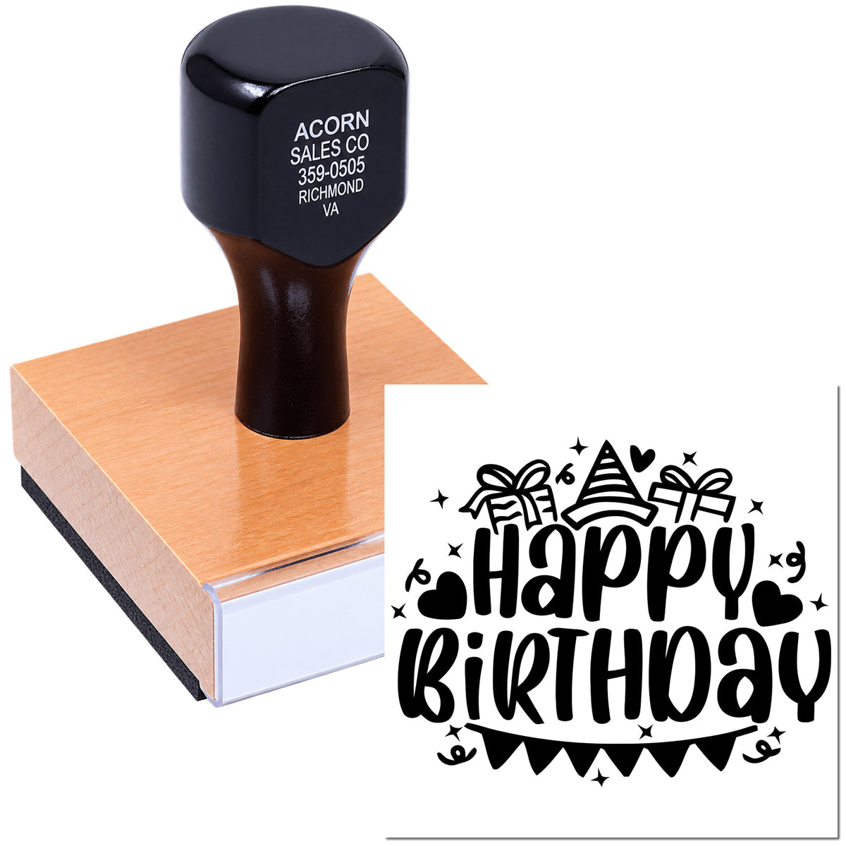 Custom Happy Birthday rubber stamp for cards, party invitations, and festive gift packaging.