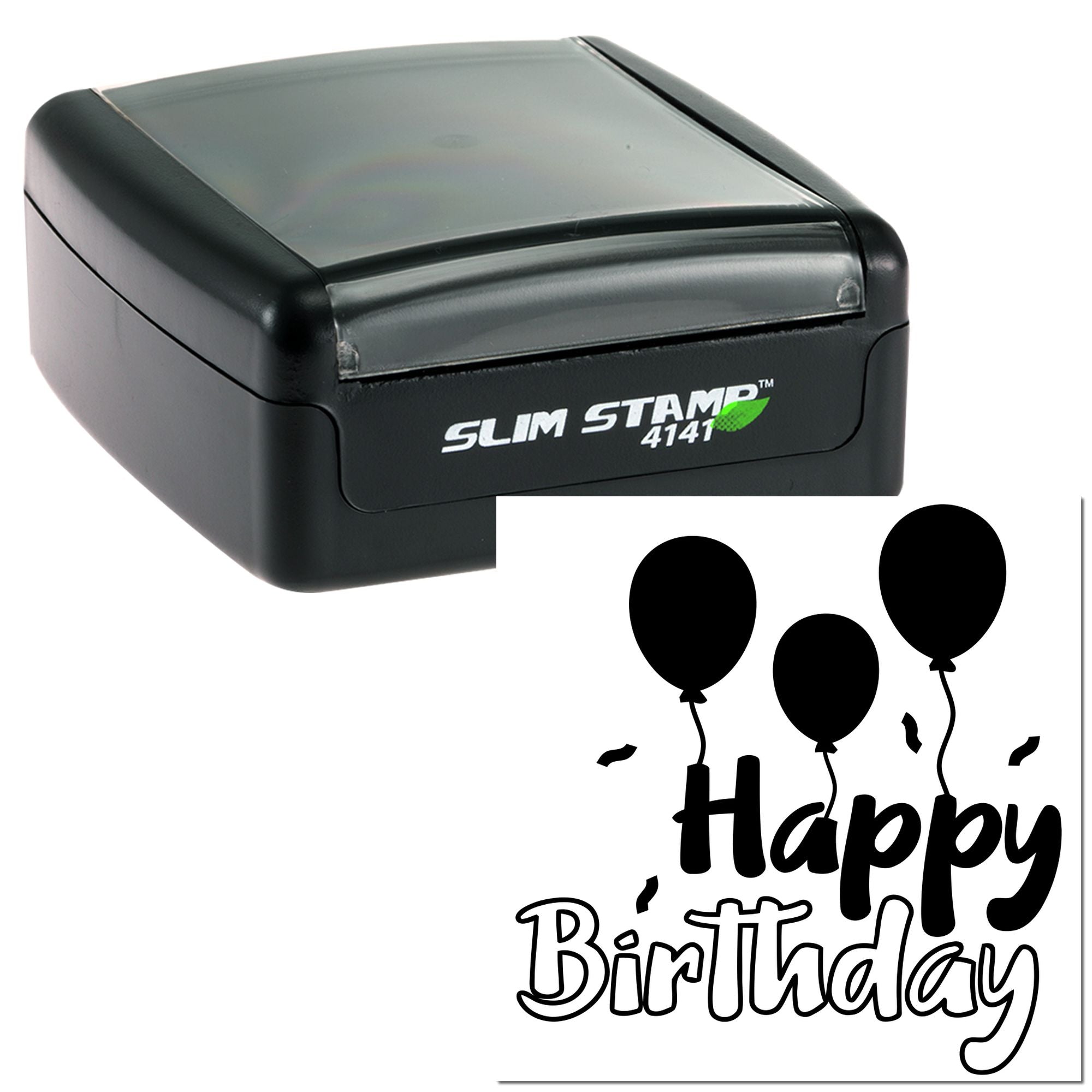 Slim Stamp 4141 self-inking rubber stamp with Happy Birthday balloon design for custom birthday cards and packaging