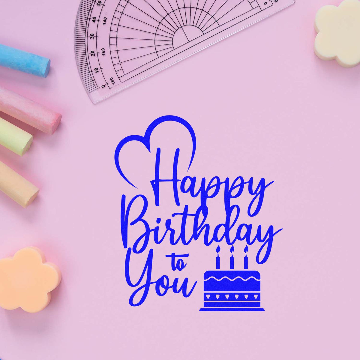 Happy Birthday to You rubber stamp design with cake and candles, ideal for birthday cards, scrapbooking, and crafts
