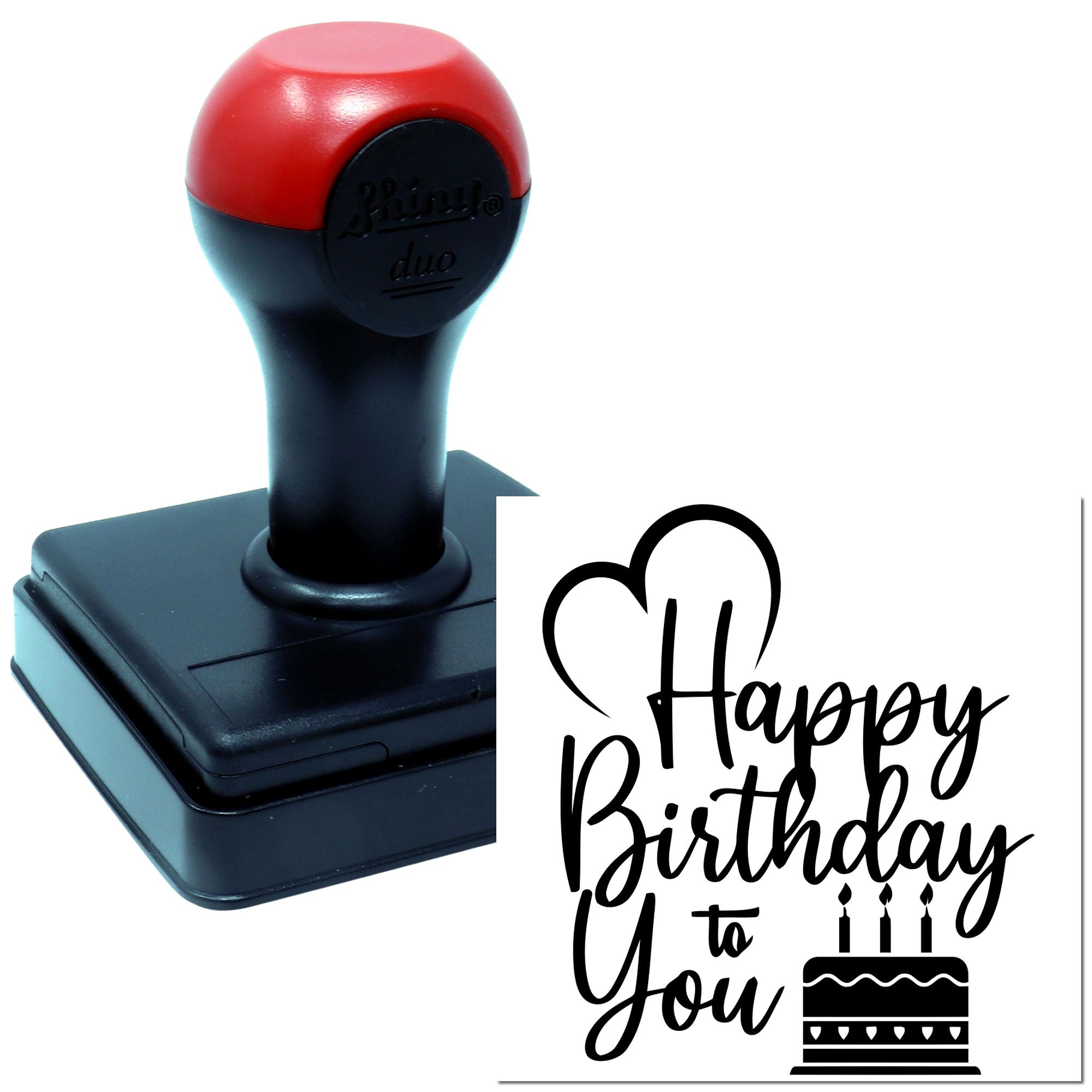 Self-inking rubber stamp with Happy Birthday to You design, heart and cake graphic for custom birthday cards.