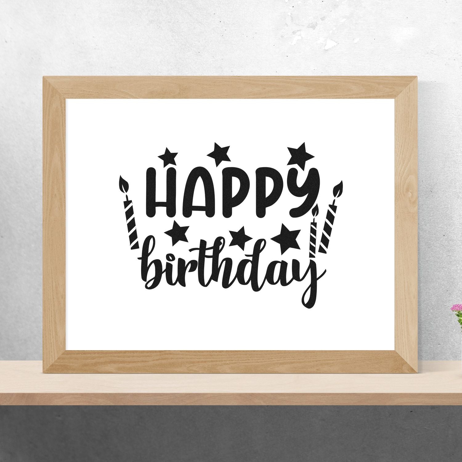 Happy Birthday rubber stamp design with stars and candles for birthday cards, crafts, and party invitations.