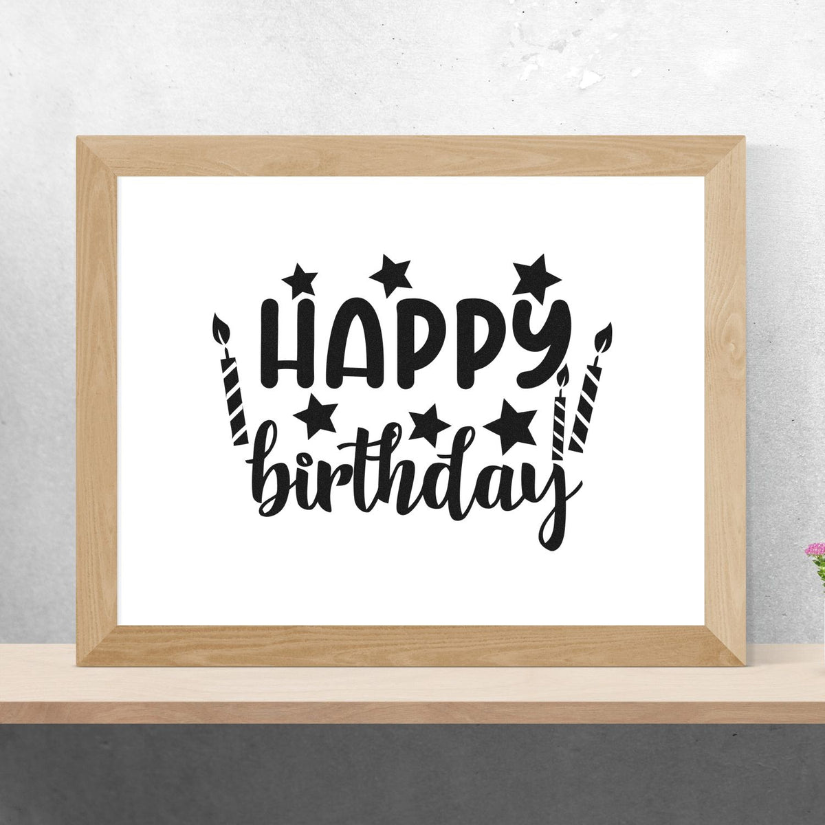 Birthday Wishes With Stars And Two Candles Pre-Inked Stamp – PSI imprint stamped in black ink. HAPPY birthday appears among solid stars and two striped candles.