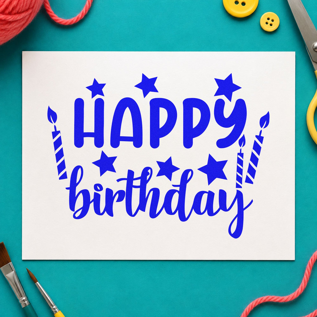 Birthday Stars And Candles craft stamp in blue ink on cardstock, an easy option for work apron printing.