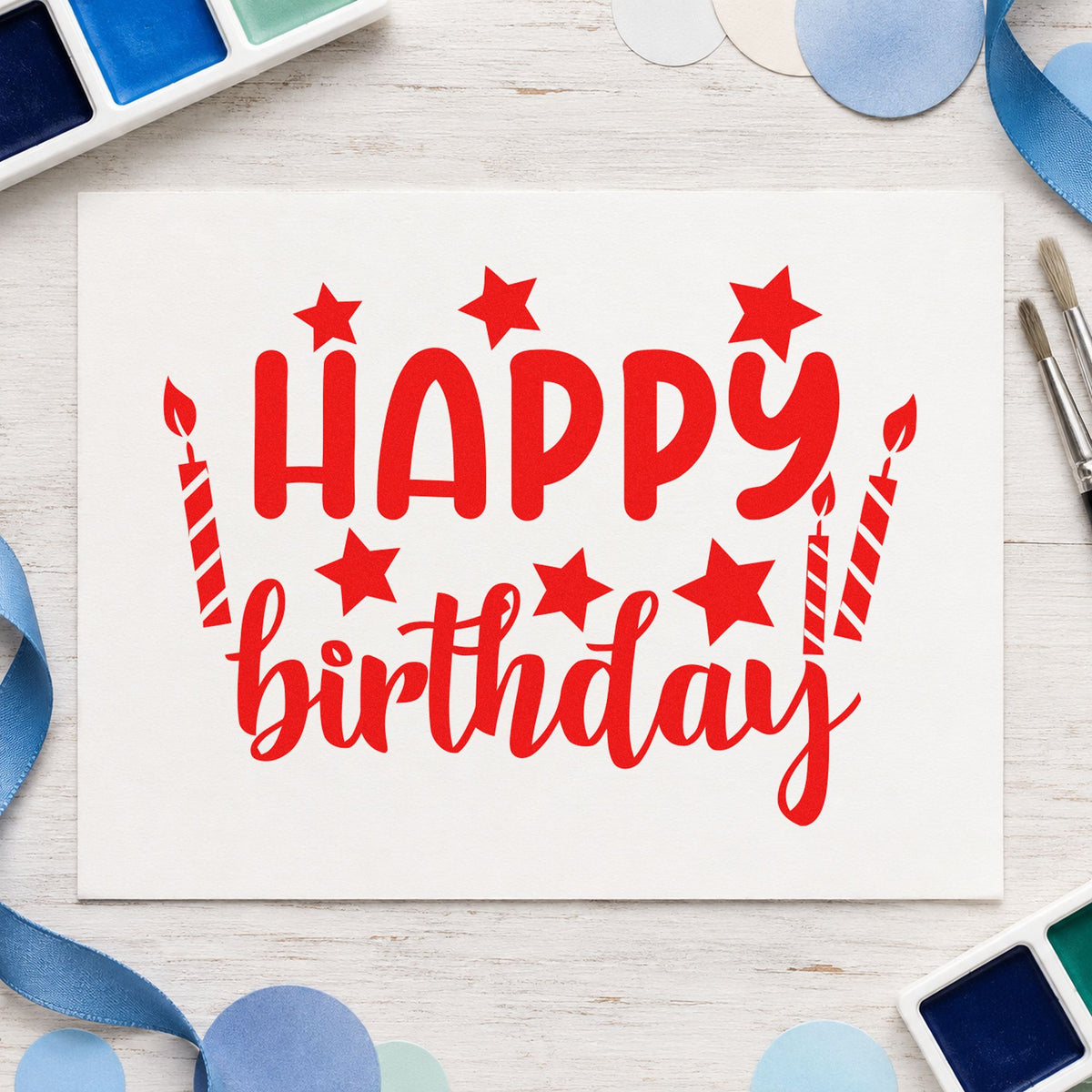 Birthday Stars And Candles rubber stamp shown in red ink, stamped for projects such as bin wax labels.