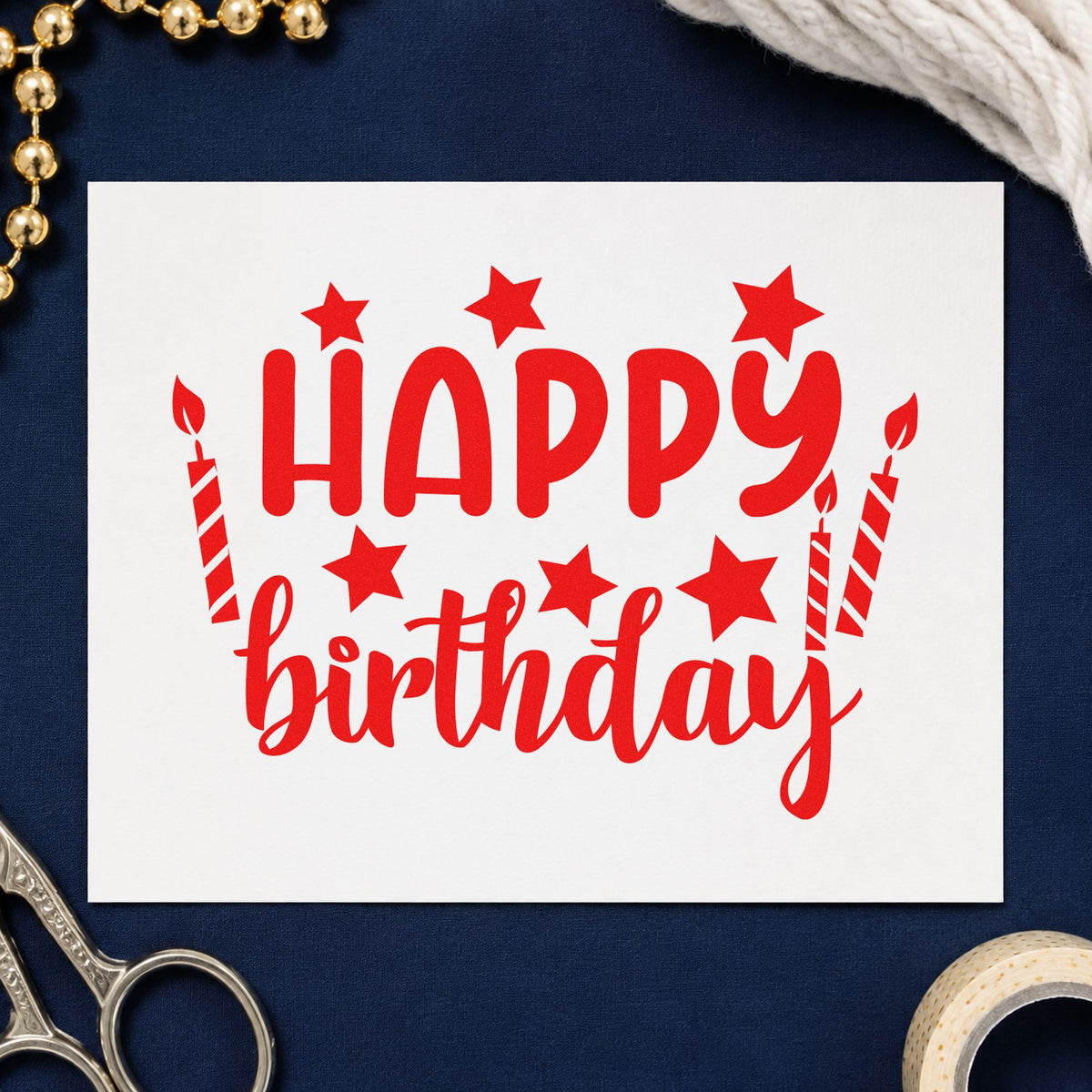 Birthday Stars And Candles craft stamp imprint in red ink on a handmade project, one idea being burn note cards.