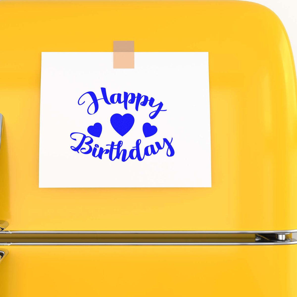 Happy Birthday rubber stamp design with hearts in blue on white paper, displayed on a yellow background for birthday card crafting.