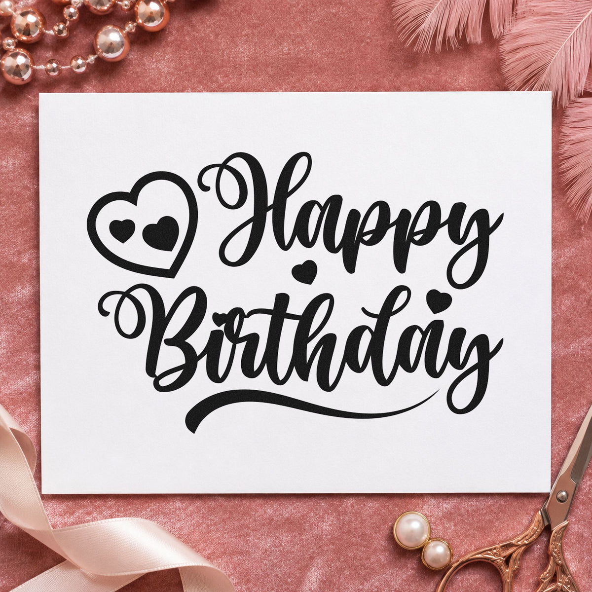 Happy Birthday Heart Swirl craft stamp in black ink on cardstock, an easy option for caregiver album page.
