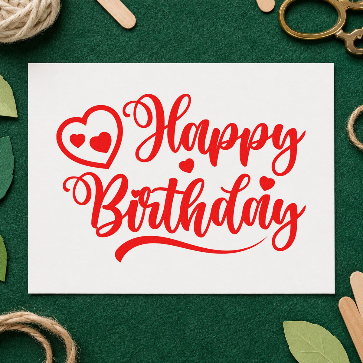 Happy Birthday Heart Swirl craft stamp imprint in red ink on a handmade project, one idea being relief offer cards.