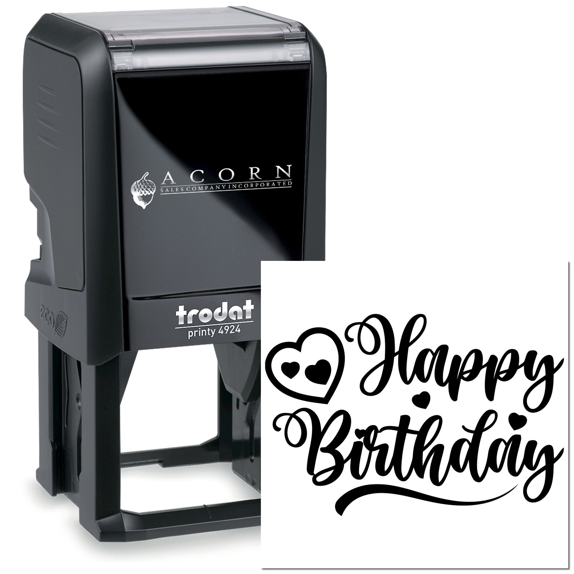 Self-inking rubber stamp with Happy Birthday script, ideal for personalized greeting cards, party favors, and gifts.