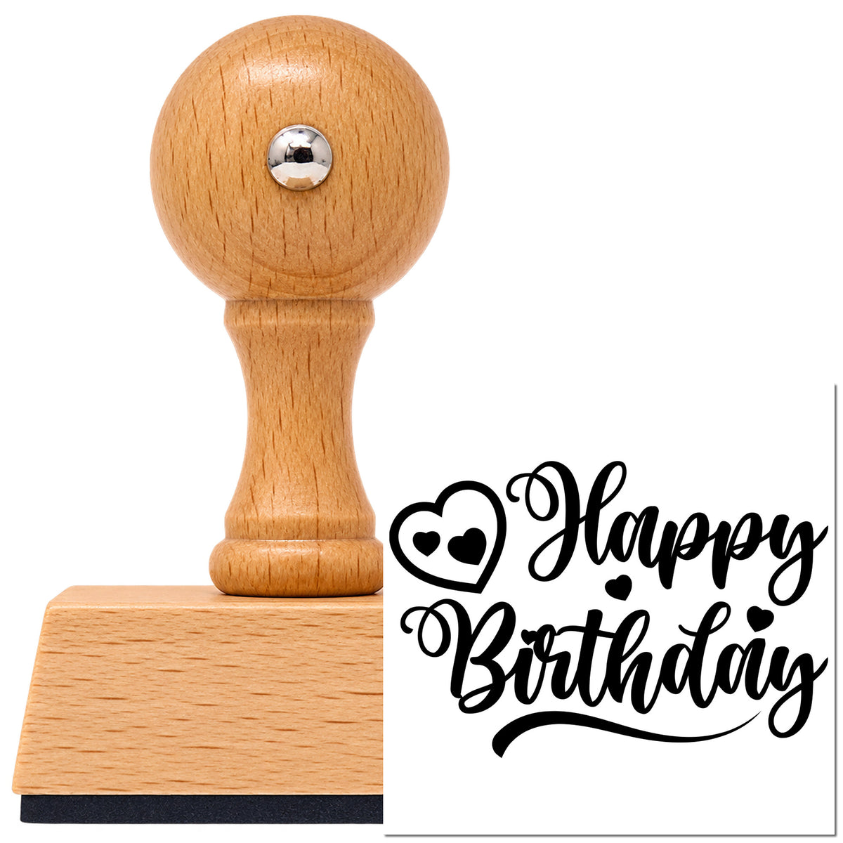 Happy Birthday Curled Heart Script Vintage Pro rubber stamp in European beech wood with a round knob handle, shown beside its black imprint.