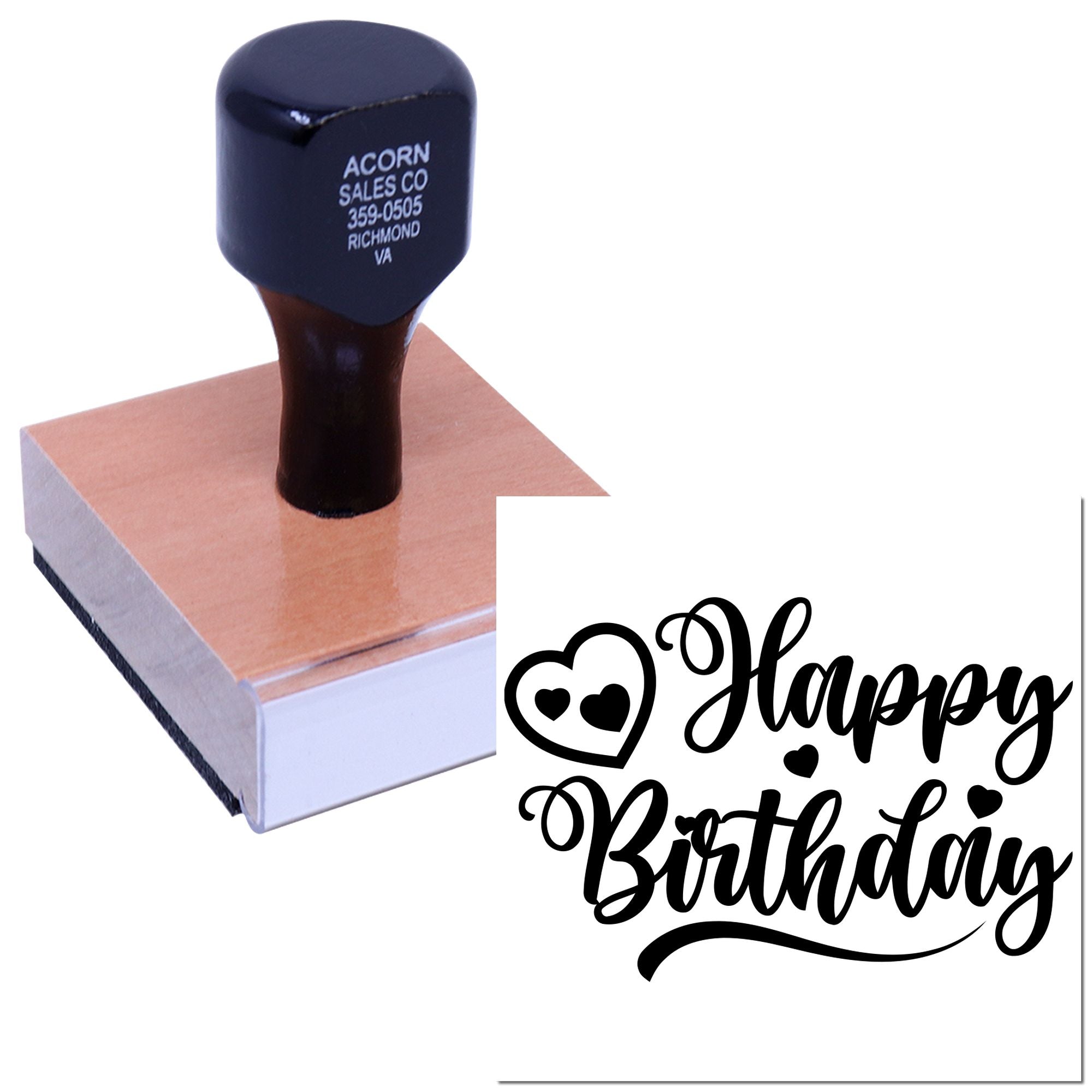 Happy birthday rubber stamp with heart design, mounted on wooden block for custom cards, invitations, and gift tags.