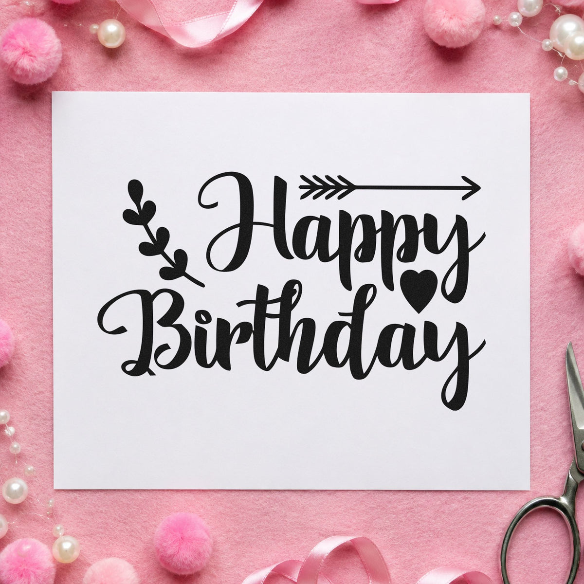 Birthday Arrow Leaf Hearts rubber stamp printed in black ink, ready for route plan sheet and similar paper crafts.
