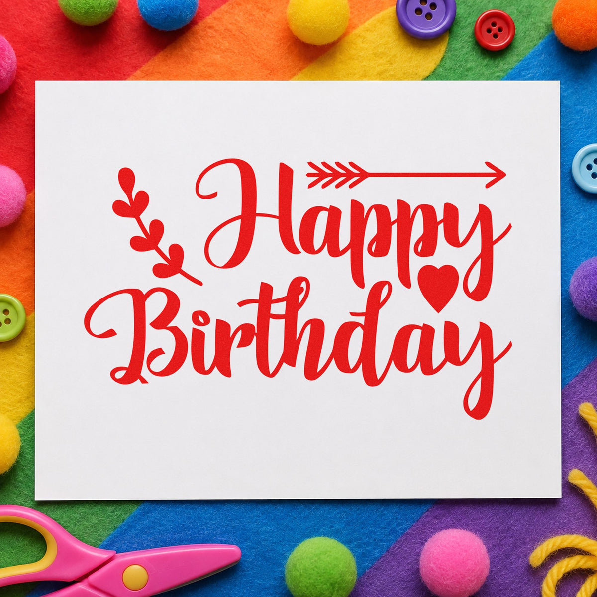 Birthday Arrow Leaf Hearts rubber stamp shown in red ink, stamped for projects such as bin walk labels.