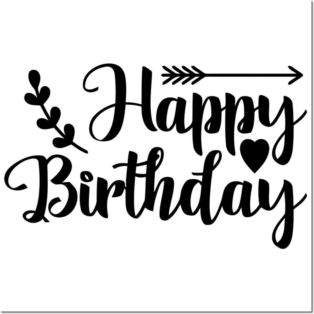 Happy Birthday rubber stamp design with decorative leaf, arrow and heart accents for cards, crafts and handmade greetings.