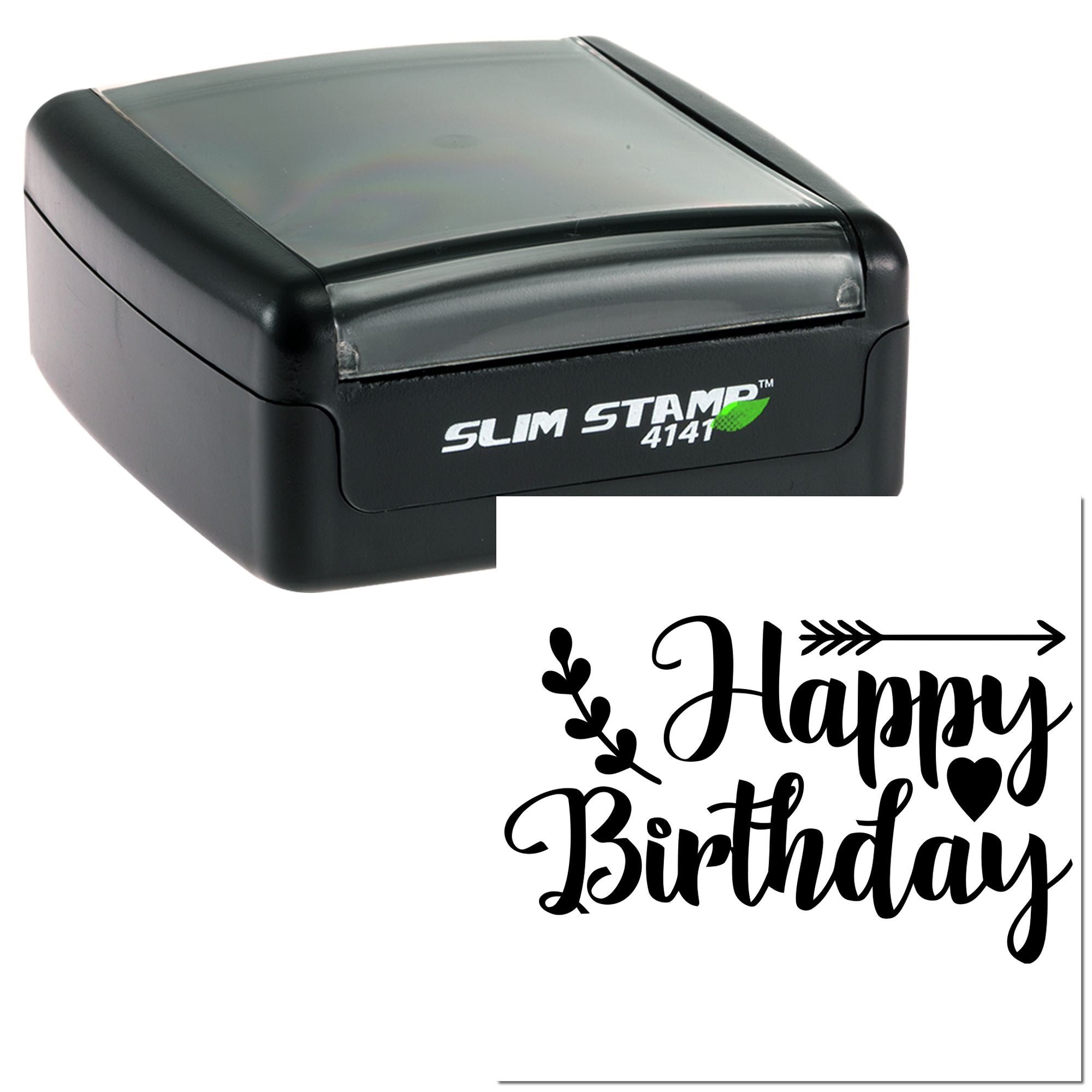 Custom Happy Birthday self-inking rubber stamp, Slim Stamp 4141, for personalized cards and party crafts.