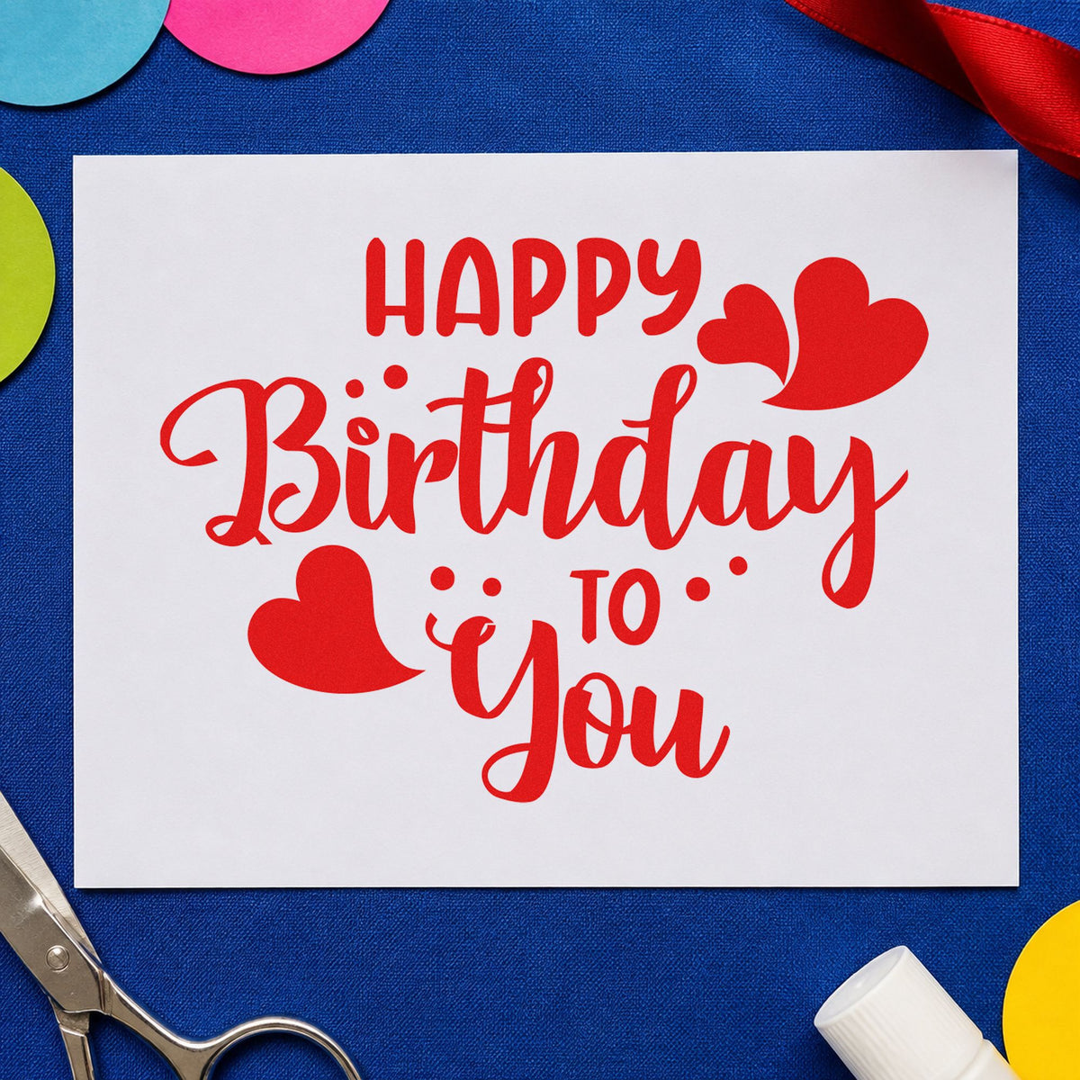 Happy Birthday To You rubber stamp shown in red ink, stamped for projects such as bin owner labels.