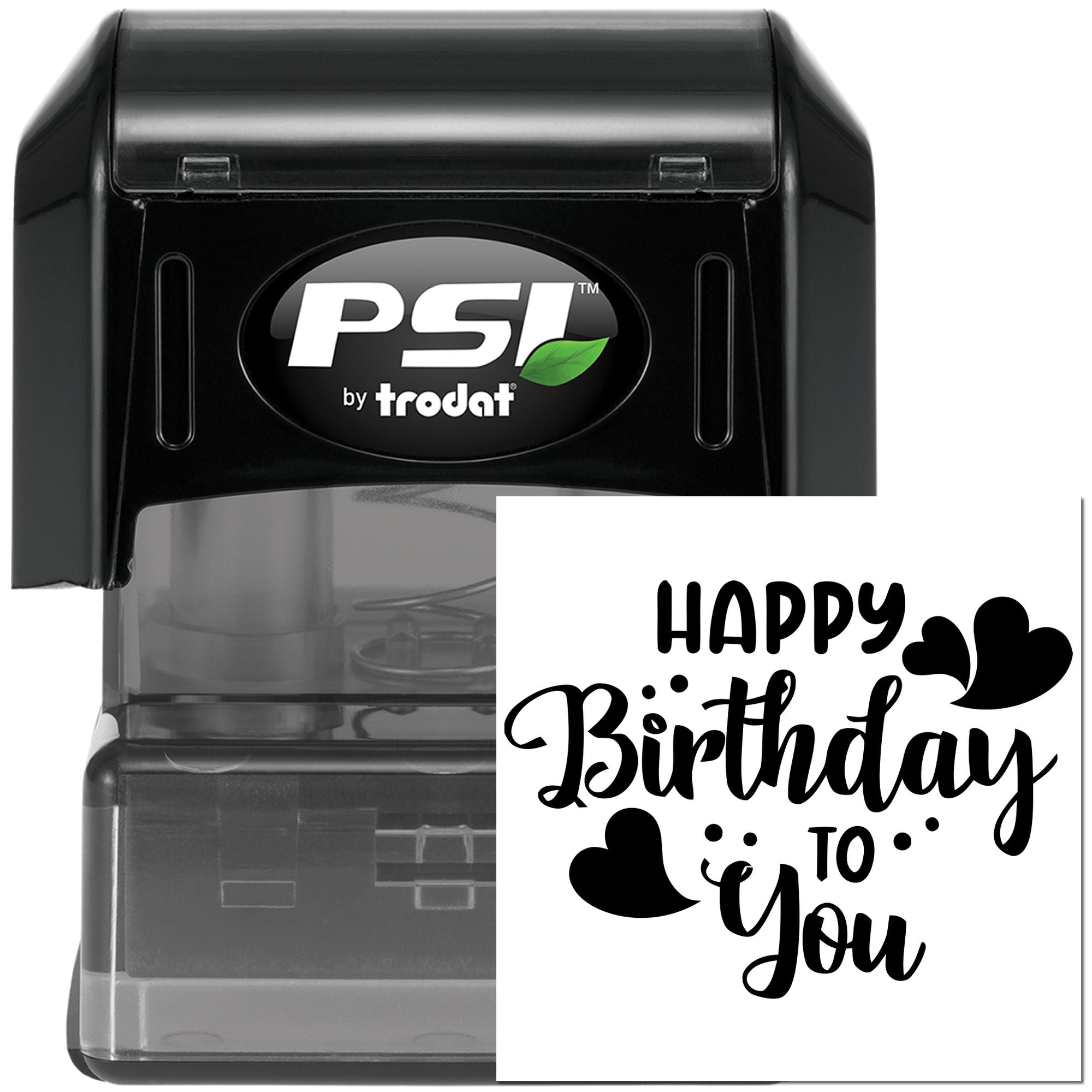 Self-inking Happy Birthday to You rubber stamp by PSI Trodat with heart accents for greeting cards and custom birthday messages.
