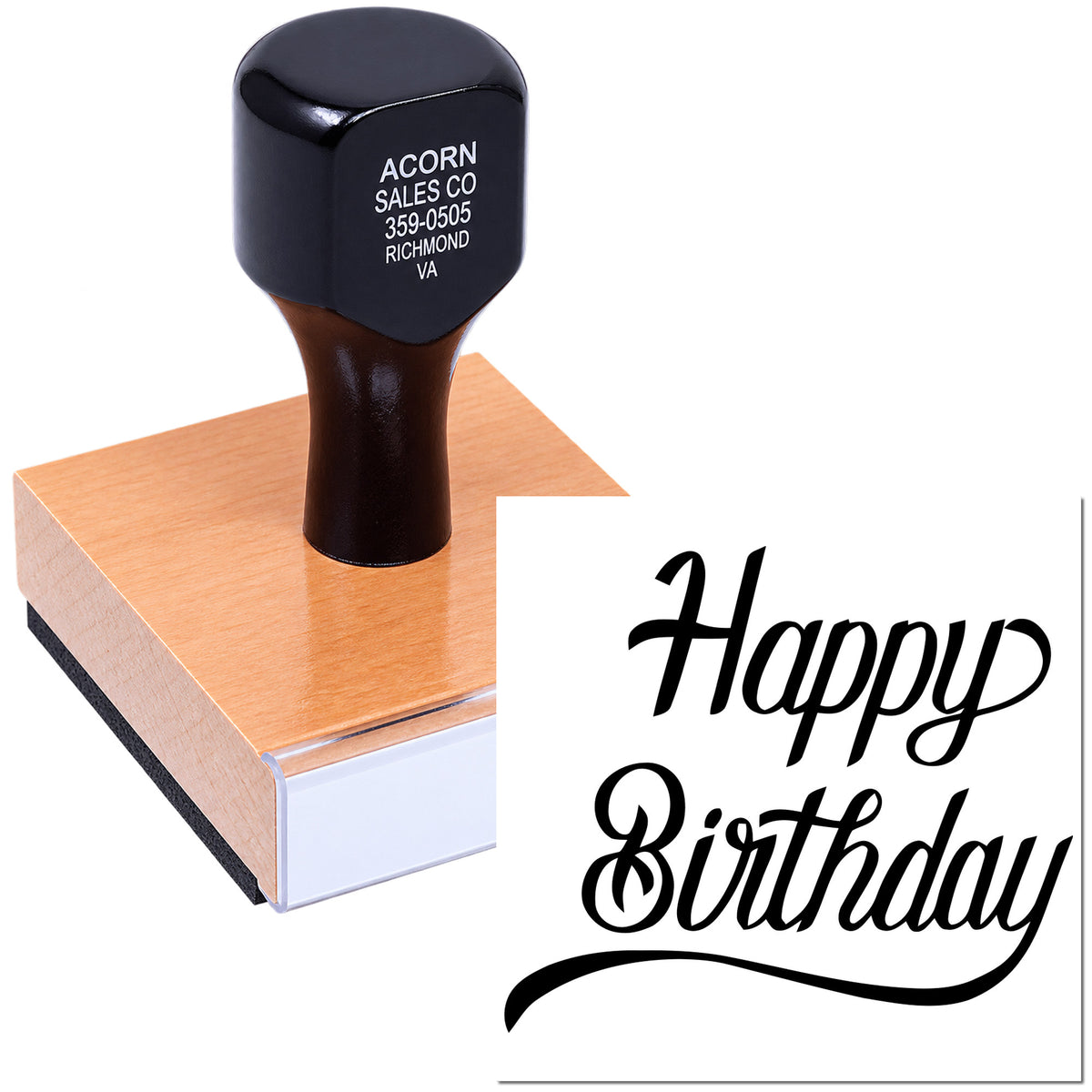 Custom Happy Birthday rubber stamp for personalized greeting cards and invitations, featuring elegant script text.