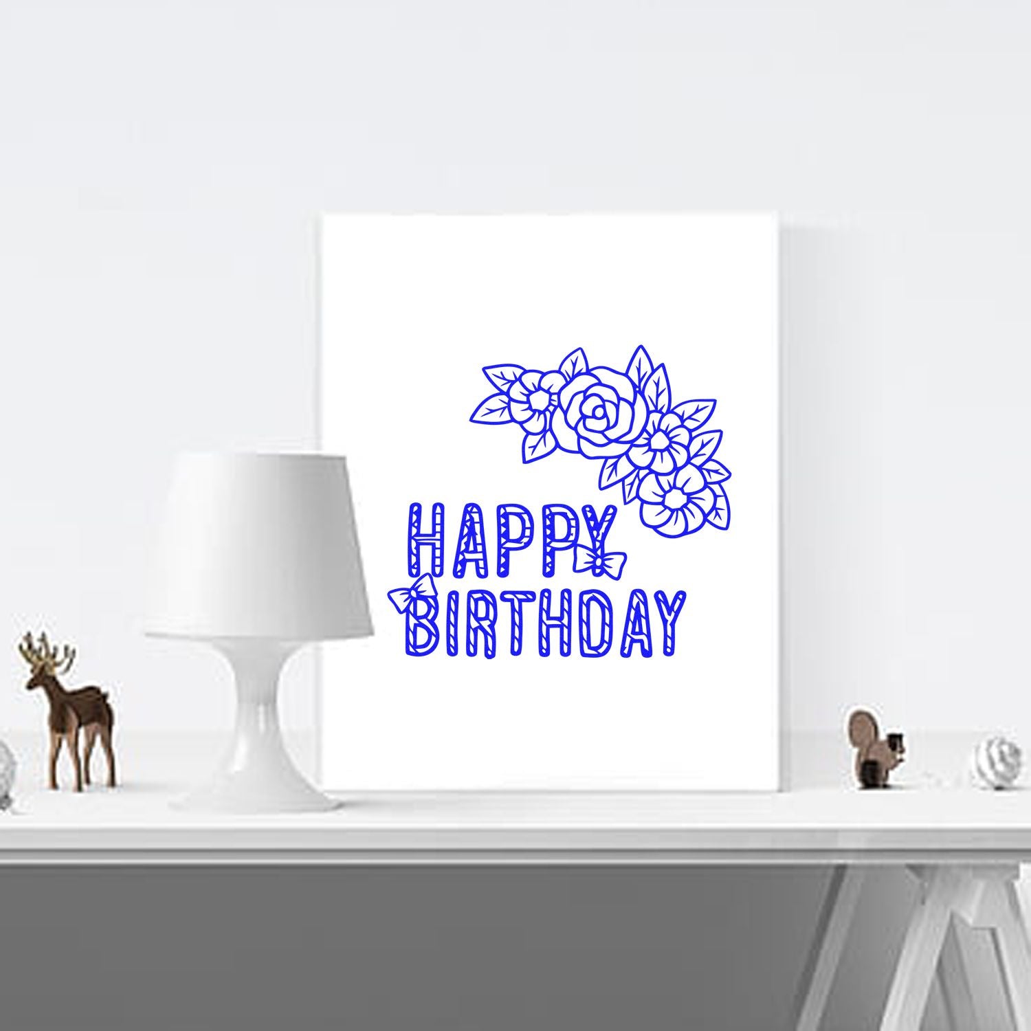 Happy Birthday floral stamp design mockup for custom rubber stamps, birthday cards, and craft projects.