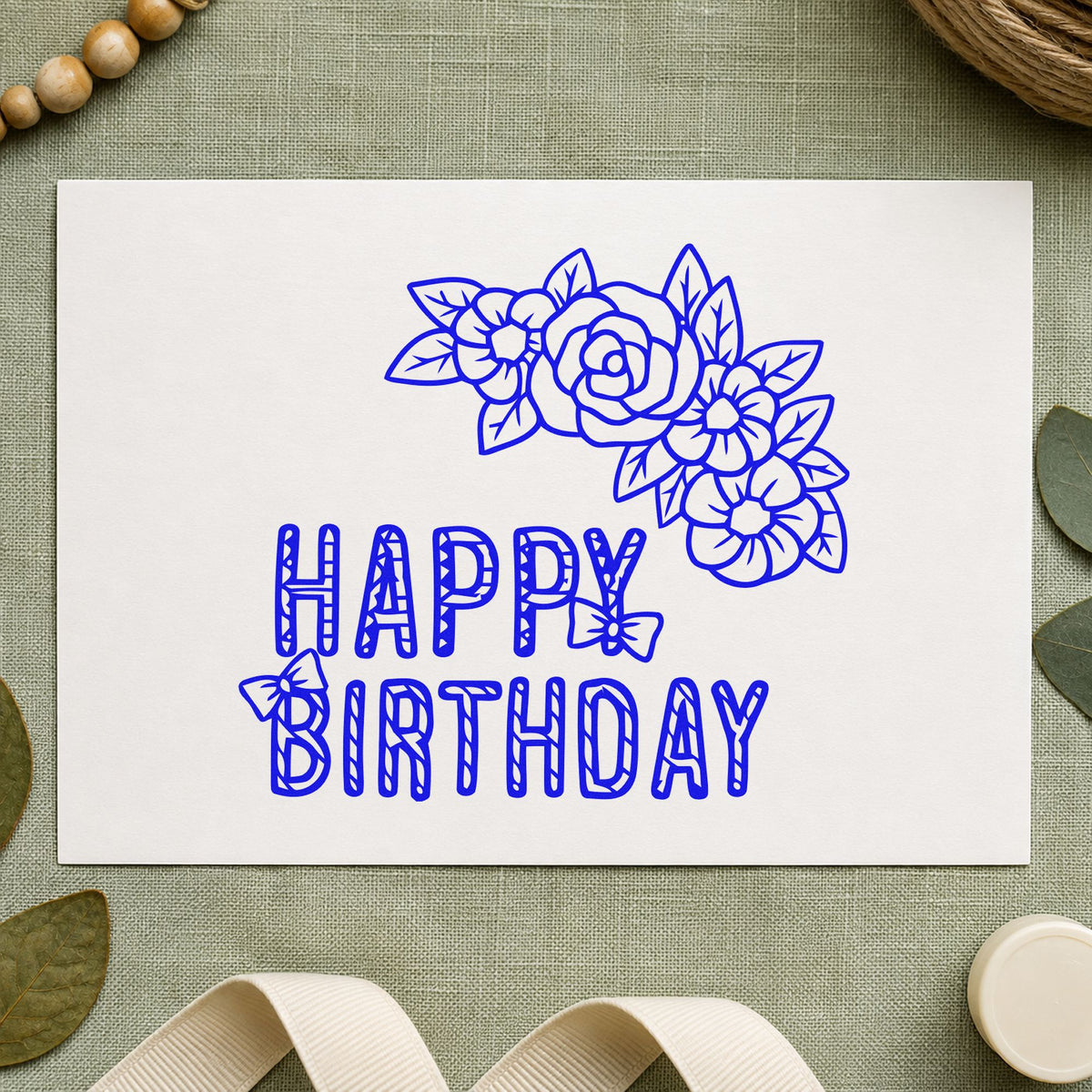 Floral Happy Birthday Butterflies craft stamp imprinted in blue ink on paper, a design suited to framed garden gate.