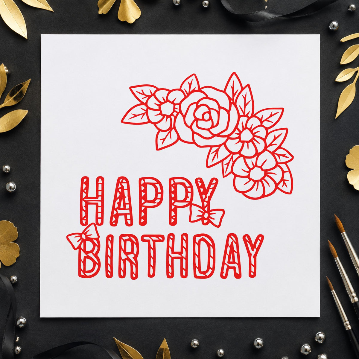 Floral Happy Birthday Butterflies craft stamp imprint in red ink on a handmade project, one idea being species find cards.