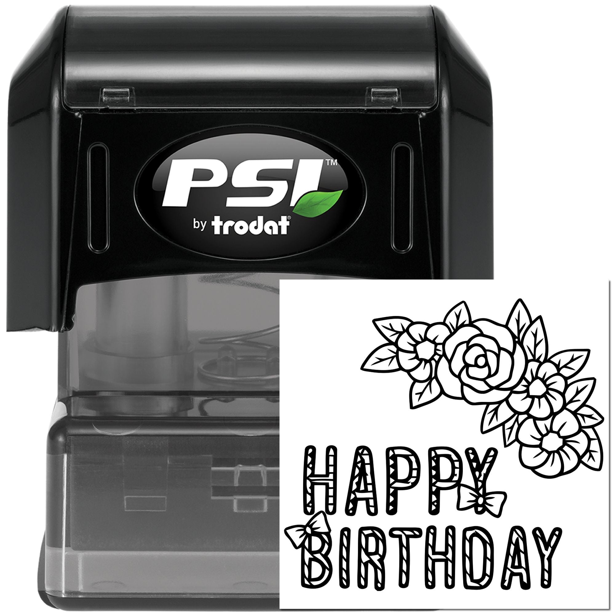 PSI by Trodat self-inking rubber stamp with floral Happy Birthday design for custom birthday cards and gift packaging