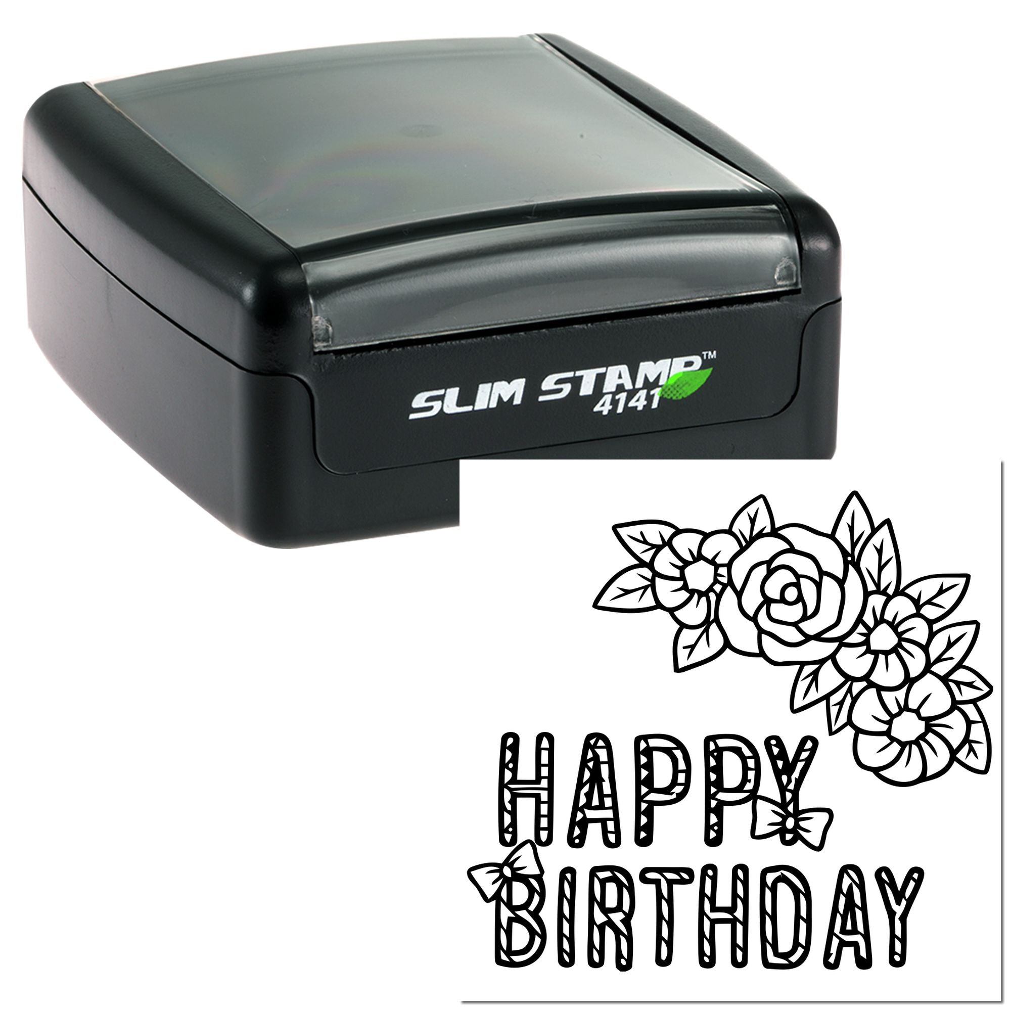 SlimStamp self-inking rubber stamp with floral Happy Birthday design for custom birthday card stamping