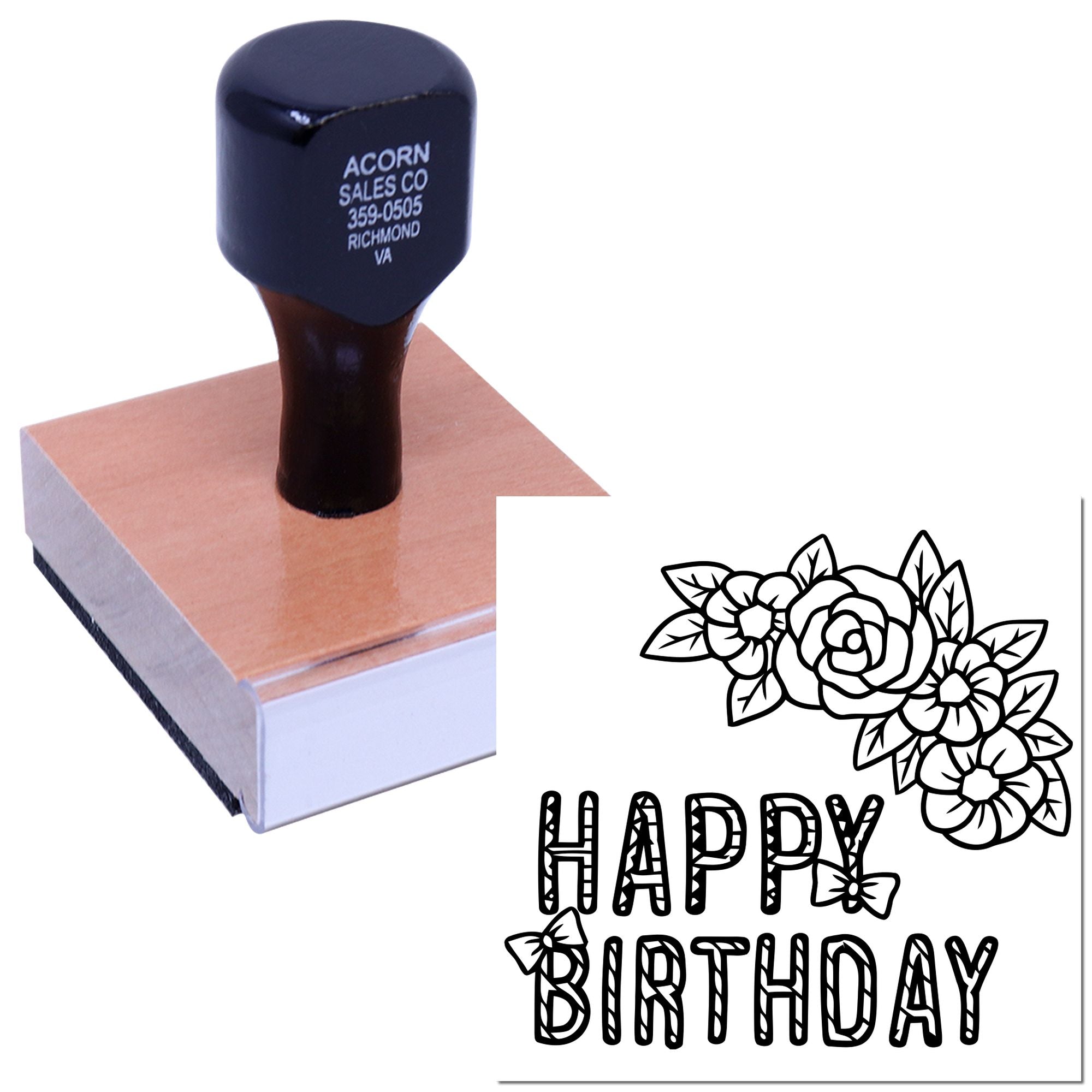 Happy Birthday floral rubber stamp design for birthday cards, invitations, and handmade gift packaging