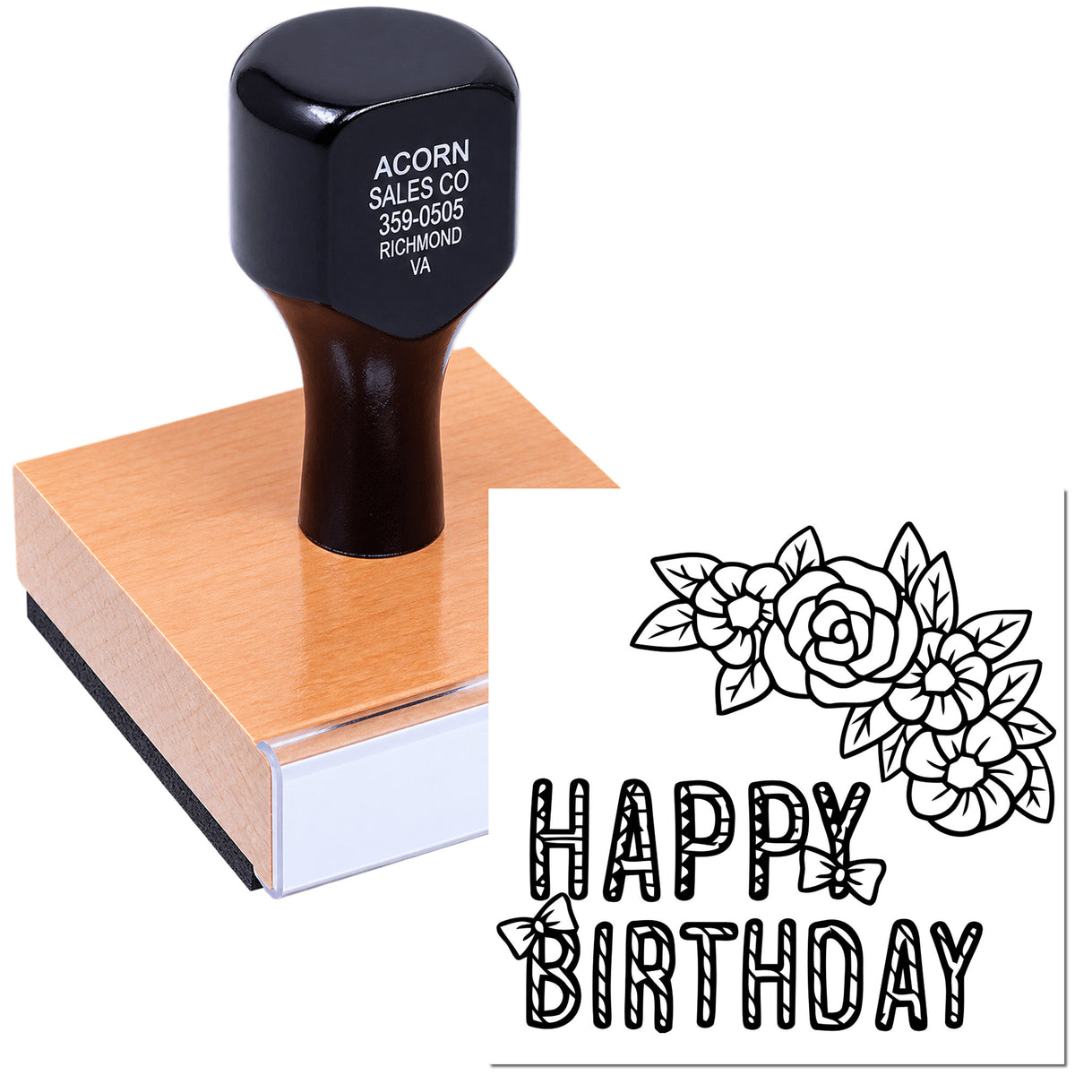 Happy Birthday floral rubber stamp design for birthday cards, invitations, and handmade gift packaging