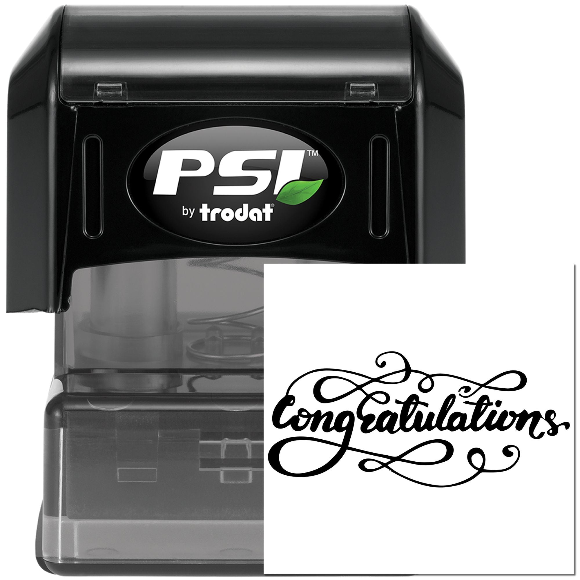 PSI by Trodat self-inking rubber stamp with Congratulations design for custom celebration and event stamping.