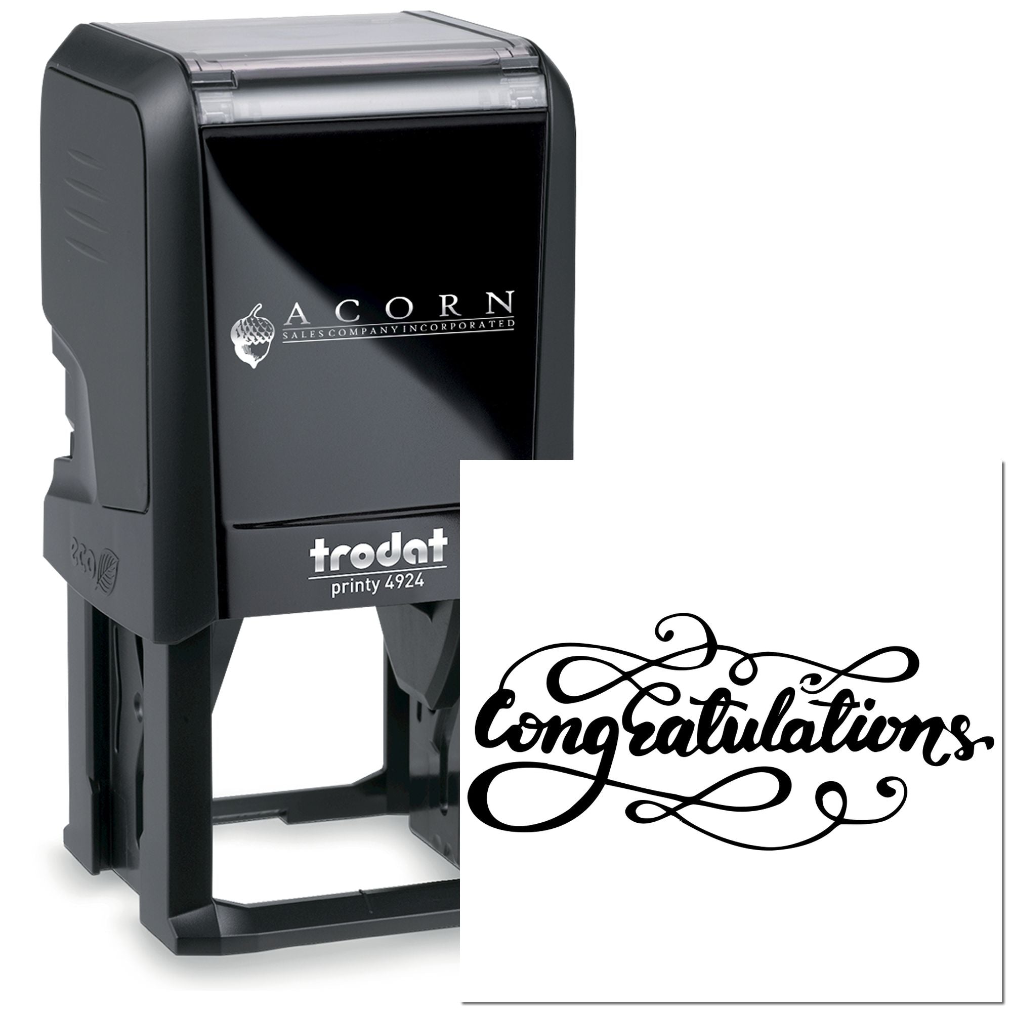 Trodat Printy 4924 self-inking rubber stamp with custom congratulations script design for personalized business stamping.