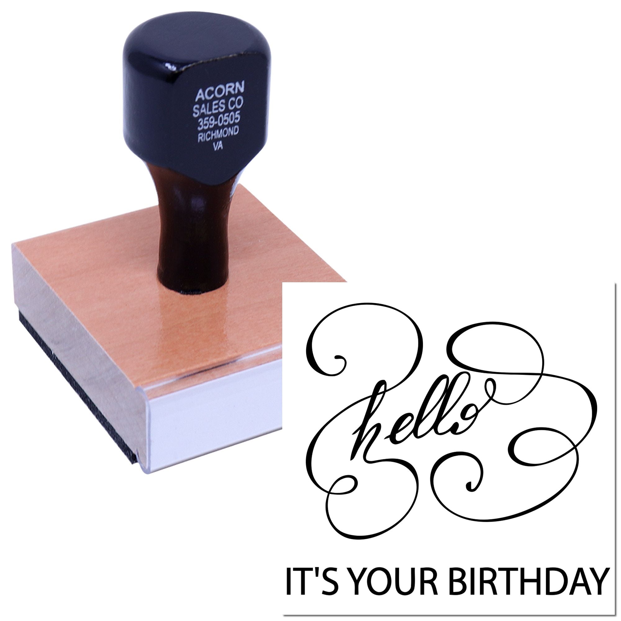 Wood-mounted birthday rubber stamp with decorative hello design for handmade cards, invitations, and party crafts.