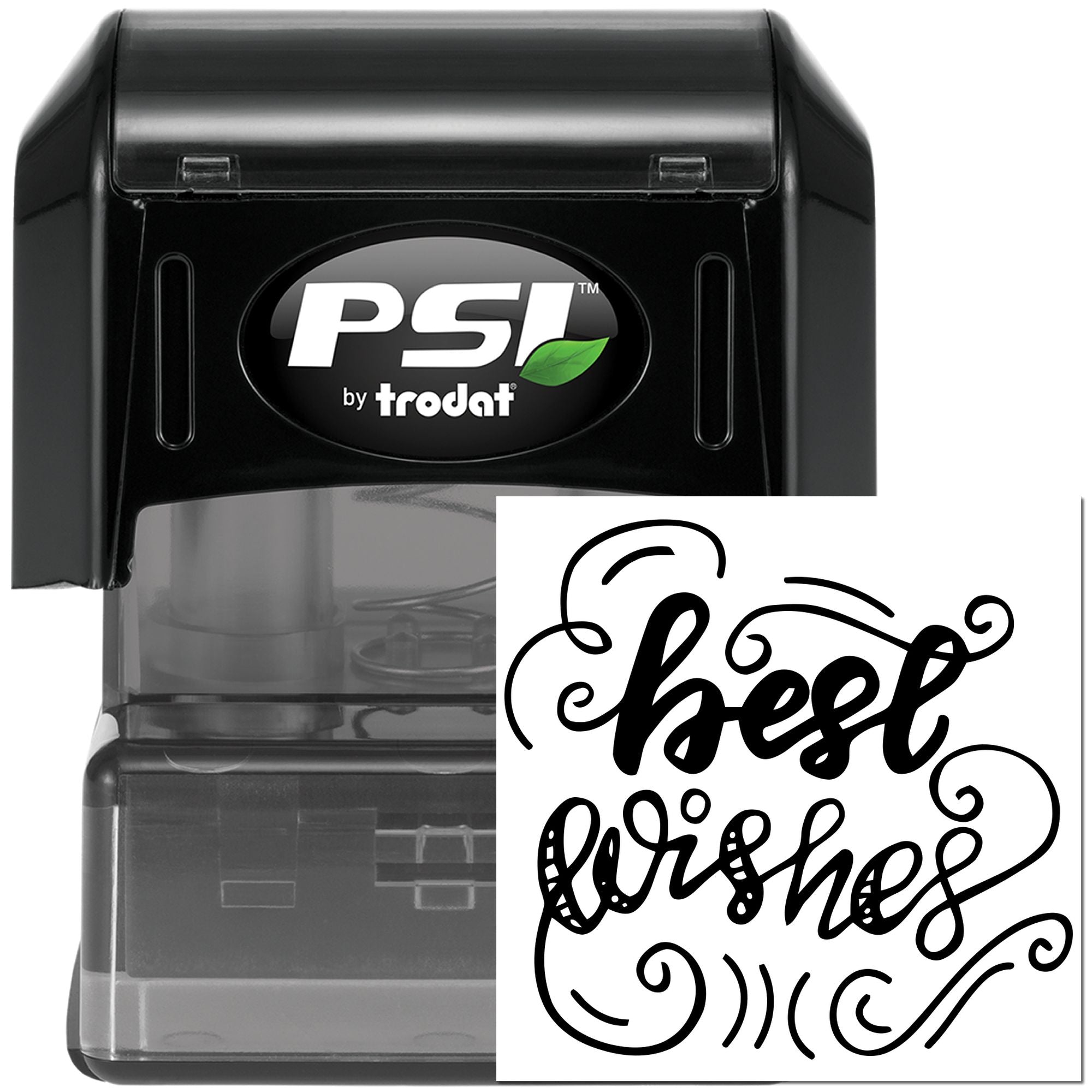 PSI by Trodat custom rubber stamp featuring decorative best wishes imprint for cards, gifts, and packaging.