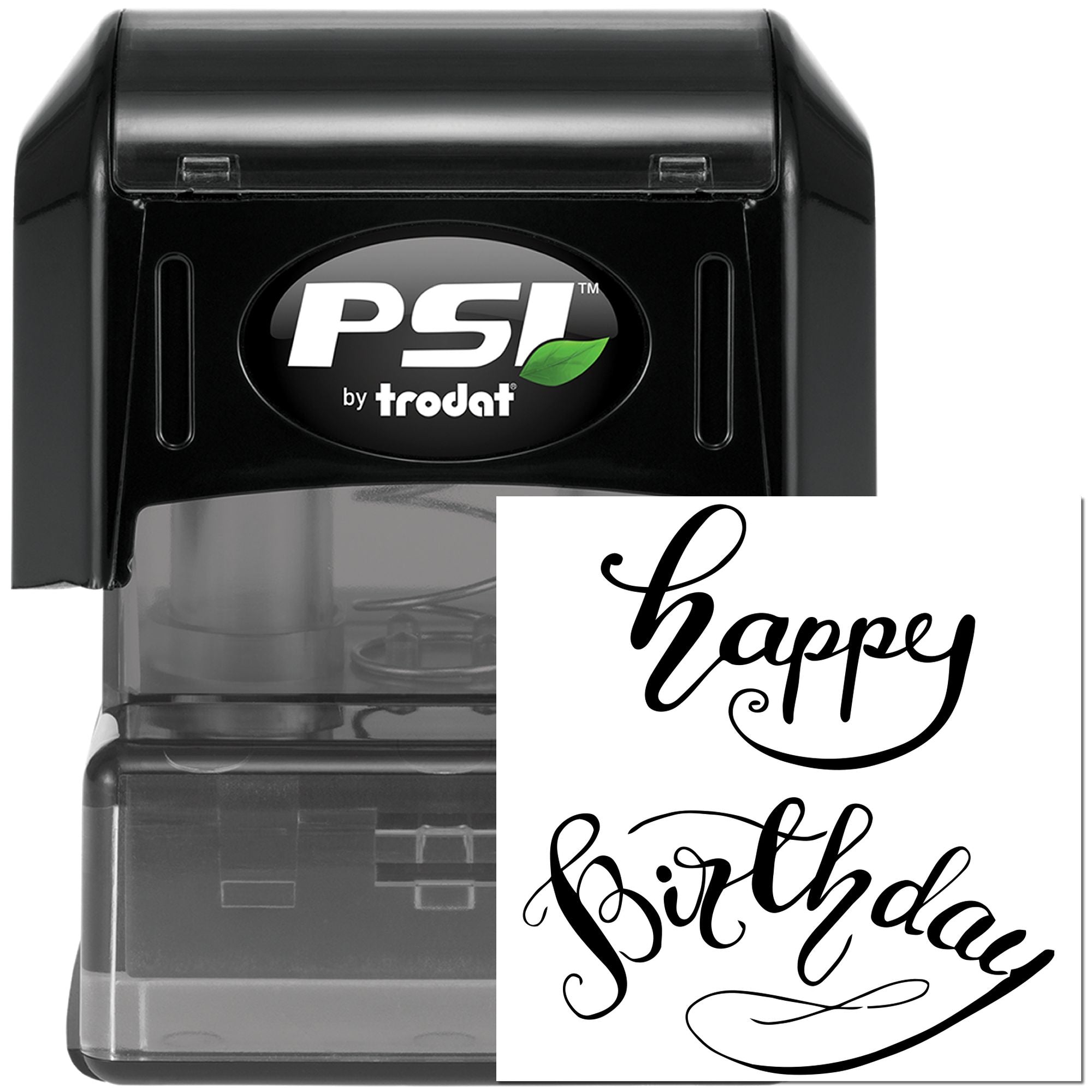 PSI by Trodat self-inking rubber stamp with custom Happy Birthday script imprint for greeting cards and party invitations.