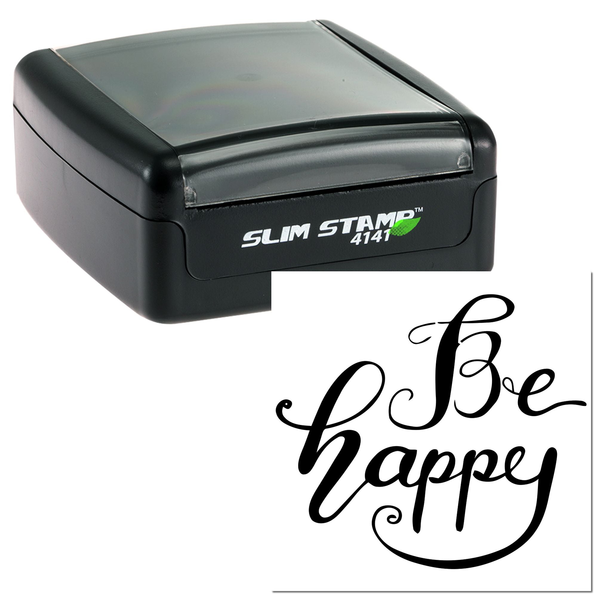 Slim Stamp 4141 self-inking rubber stamp showing be happy script for custom cards, crafts, and business branding.
