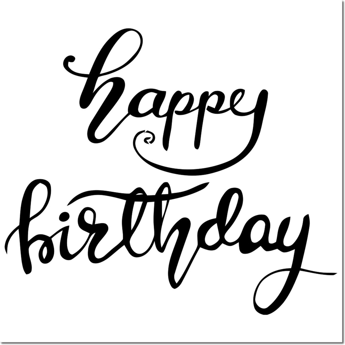 Happy Birthday script rubber stamp design in elegant black calligraphy for greeting cards, crafts, and birthday packaging.