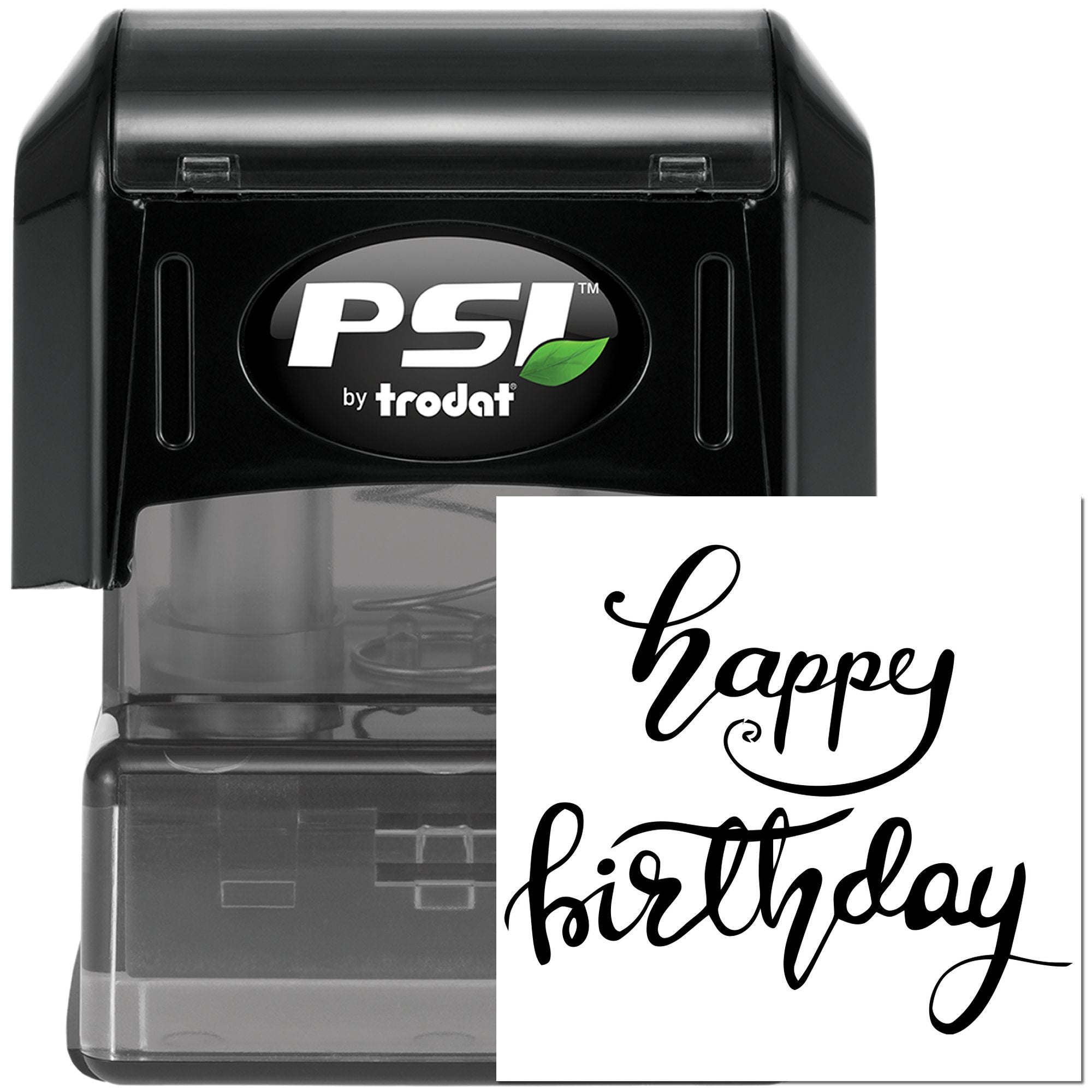 PSI by Trodat self-inking custom rubber stamp with Happy Birthday script for cards, crafts, and birthday invitations.