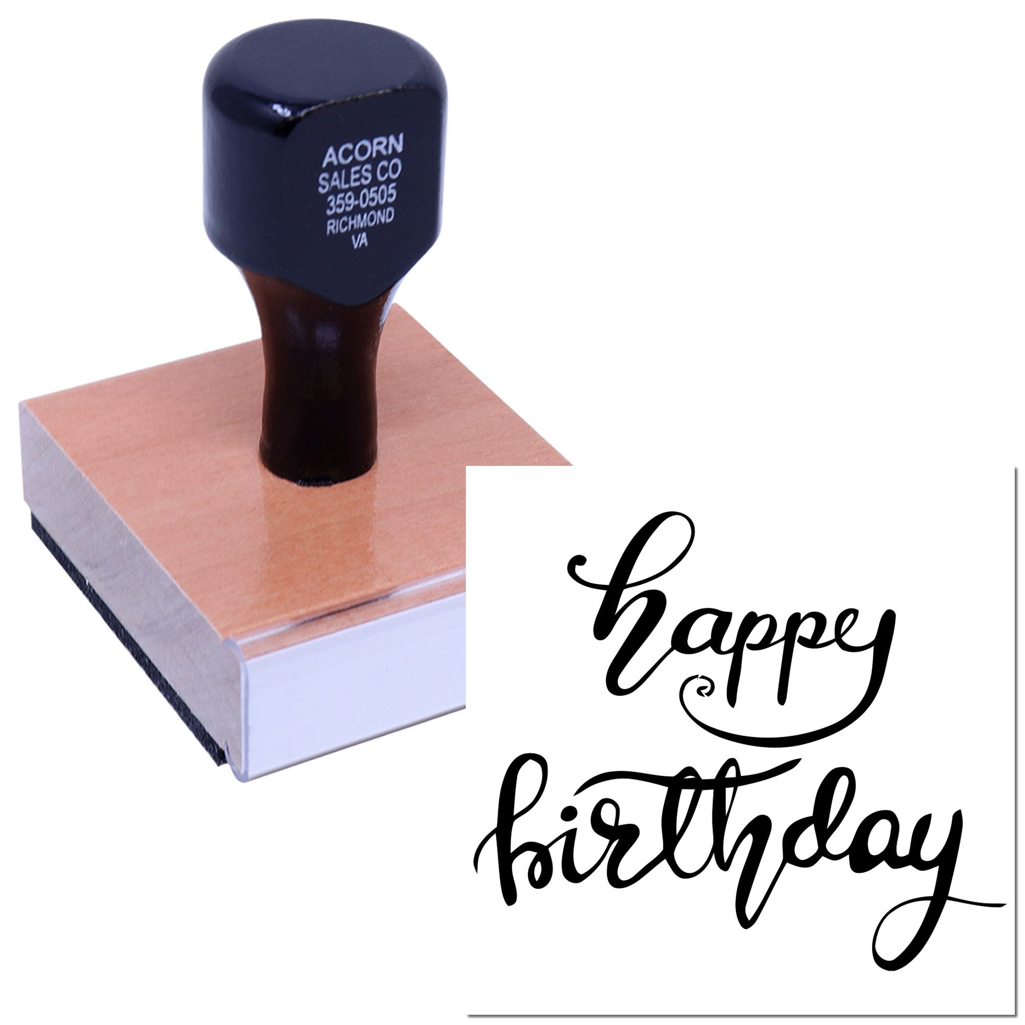 Custom happy birthday rubber stamp for cards, invitations, and craft projects with elegant script lettering.
