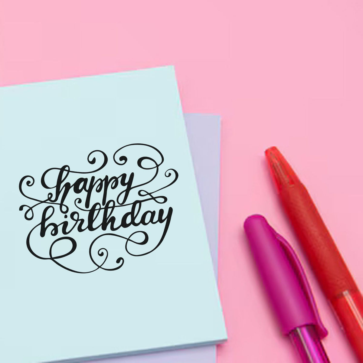 Decorative happy birthday rubber stamp for custom birthday cards, invitations, and scrapbooking.