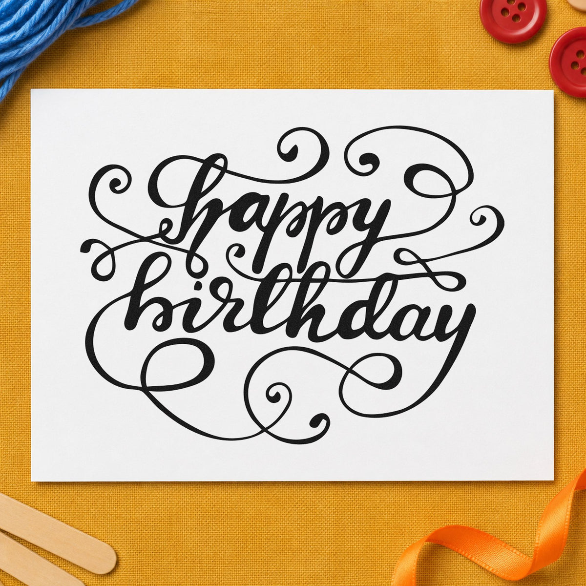 Happy Birthday Ornate Loops craft stamp imprint in black ink on a handmade project, one idea being keepsake gift tags.