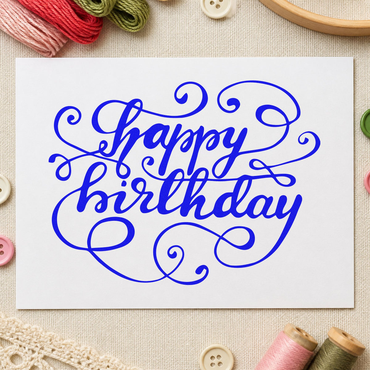 Happy Birthday Ornate Loops craft stamp imprinted in blue ink on paper, a design suited to framed hall gallery.